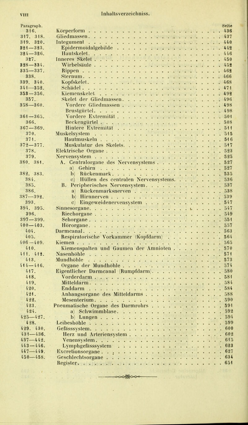 Paragraph. Seite 316. Körperform 436 317. 318. Gliedmassen 437 319. 320. Integument i 440 321—323. Epidermoidalgebilde 442 324 — 326. Hautskelet 446 327. Inneres Skelet 450 328—334. Wirbelsäule 452 335—337. Rippen 462 338. Sternum 466 339. 340. Kopfskelet 468 34 I—352. Schädel 471 353 — 356. Kiemenskelet 492 357. Skelet der Gliedmassen 496 358—360. Vordere Gliedmassen .498 Brustgürtel 498 361—365. Vordere Extremität 501 366. Beckengürtel 508 367—369. Hintere Extremität 511 370. Muskelsystem 515 371. Hautmuskeln 516 372—377. Muskulatur des Skelets 517 378. Elektrische Organe 523 379. Nervensystem 525 380. 381. A. Centraiorgane des Nervensystems 527 a) Gehirn 527 382. 383. b) Rückenmark 535 384. c) Hüllen des centralen Nervensystems 536 385. B. Peripherisches Nervensystem 537 386. a) Rückenmarksnerven 538 387—392. b) Hirnnerven 539 393. c) Eingeweidenervensystem 547 394. 395. Sinnesorgane t 547 396. Riechorgane 549 397—399. Sehorgane 551 400—403. Hörorgane 557 404. Darmcanal 563 405. Respiratorische Vorkammer (Kopfdarm) 564 406 —409. Kiemen 565 410. Kiemenspalten und Gaumen der Amnioten 570 411. 412. Nasenhöhle 571 413. Mundhöhle 573 414—416. Organe der Mundhöhle 574 417. Eigentlicher Darmcanal (Rumpfdarm) 580 418. Vorderdarm 584 419. Mitteldarm 584 420. Enddarm 584 421. Anhangsorgane des Mitteldarms 588 422. Mesenterium . 590 423. Pneumatische Organe des Darmrohrs 591 424. a) Schwimmblase 592 425—427. b) Lungen 594 428. Leibeshöhle 599 429. 430. Gefässsystem 600 431—436. Herz und Arteriensystem 602 437—442. Venensystem 615 443 — 446. Lymphgefässsyslem 623 447—449. Excretionsorgane . 627 450—458. Geschlechtsorgane . .' 634 Register 651 »00§§OOo