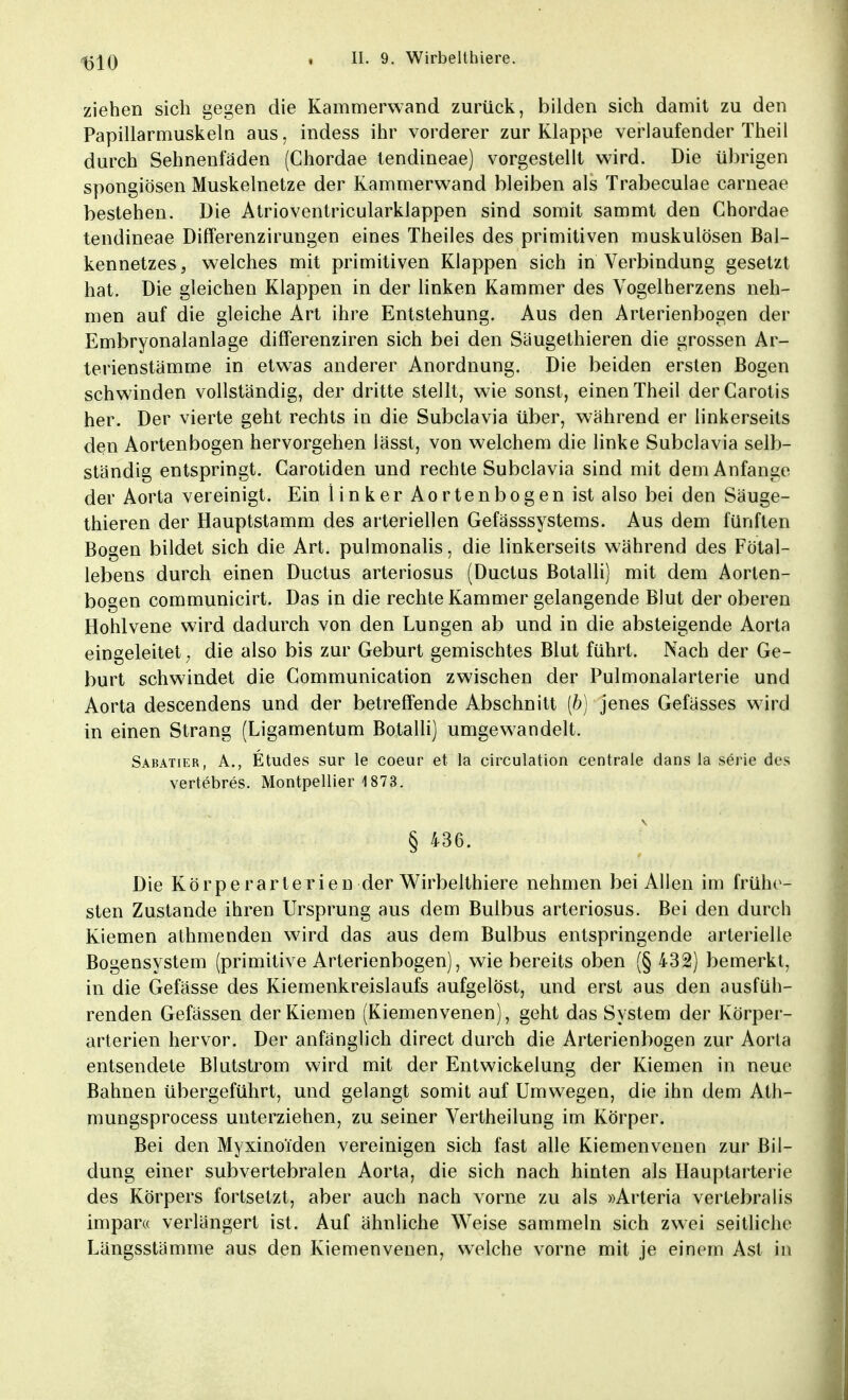 t$10 ziehen sich gegen die Kammerwand zurück, bilden sich damit zu den Papillarmuskeln aus, indess ihr vorderer zur Klappe verlaufender Theil durch Sehnenfäden (Chordae tendineae) vorgestellt wird. Die übrigen spongiösen Muskelnetze der Kammerwand bleiben als Trabeculae carneae bestehen. Die Atrioventricularklappen sind somit sammt den Chordae tendineae Differenzirungen eines Theiles des primitiven muskulösen Bal- kennetzes, welches mit primitiven Klappen sich in Verbindung gesetzt hat. Die gleichen Klappen in der linken Kammer des Vogelherzens neh- men auf die gleiche Art ihre Entstehung. Aus den Arterienbogen der Embryonalanlage differenziren sich bei den Säugethieren die grossen Ar- terienstämme in etwas anderer Anordnung. Die beiden ersten Bogen schwinden vollständig, der dritte stellt, wie sonst, einen Theil der Carotis her. Der vierte geht rechts in die Subclavia über, während er linkerseits den Aortenbogen hervorgehen lässt, von welchem die linke Subclavia selb- ständig entspringt. Carotiden und rechte Subclavia sind mit dem Anfange der Aorta vereinigt. Ein linker Aortenbogen ist also bei den Säuge- thieren der Hauptstamm des arteriellen Gefässsystems. Aus dem fünften Bogen bildet sich die Art. pulmonalis, die linkerseits während des Fötal- lebens durch einen Ductus arteriosus (Ductus Botalli) mit dem Aorten- bogen communicirt. Das in die rechte Kammer gelangende Blut der oberen Hohlvene wird dadurch von den Lungen ab und in die absteigende Aorta eingeleitet, die also bis zur Geburt gemischtes Blut führt. Nach der Ge- burt schwindet die Communication zwischen der Pulmonalarterie und Aorta descendens und der betreffende Abschnitt [b) jenes Gefässes wird in einen Strang (Ligamentum Botalli) umgewandelt. Sabatier, A., Etudes sur le coeur et la circulation centrale dans la serie des vertebres. Montpellier 1873. § 436. Die Körperarterien der Wirbelthiere nehmen bei Allen im frühe - sten Zustande ihren Ursprung aus dem Bulbus arteriosus. Bei den durch Kiemen athmenden wird das aus dem Bulbus entspringende arterielle Bogensystem (primitive Arterienbogen), wie bereits oben (§ 432) bemerkt, in die Gefässe des Kiemenkreislaufs aufgelöst, und erst aus den ausfüh- renden Gefässen der Kiemen (Kiemenvenen), geht das System der Körper- arterien hervor. Der anfänglich direct durch die Arterienbogen zur Aorla entsendete Blutstrom wird mit der Entwicklung der Kiemen in neue Bahnen übergeführt, und gelangt somit auf Umwegen, die ihn dem Ath- mungsprocess unterziehen, zu seiner Vertheilung im Körper. Bei den MyxinoTden vereinigen sich fast alle Kiemenvenen zur Bil- dung einer subvertebralen Aorta, die sich nach hinten als Hauptarterie des Körpers fortsetzt, aber auch nach vorne zu als »Arteria vertebralis impar« verlängert ist. Auf ähnliche Weise sammeln sich zwei seitliche Längsstämme aus den Kiemenvenen, welche vorne mit je einem Ast in