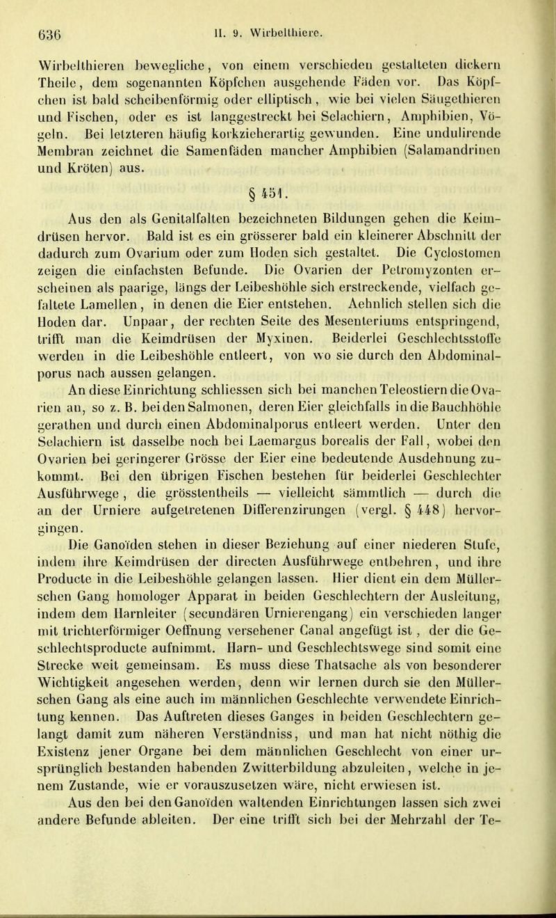 Wirbolthieren bewegliche, von einem verschieden gestalteten dickem Theilc, dem sogenannten Köpfchen ausgehende Fäden vor. Das Köpf- chen ist bald scheibenförmig oder elliptisch, wie bei vielen Säugethieren und Fischen, oder es ist langgestreckt bei Selachiern, Amphibien, Vö- geln. Bei letzteren häufig korkzieherartig gewunden. Eine undulirende Membran zeichnet die Samenfäden mancher Amphibien (Salamandrinen und Kröten) aus. § 451. Aus den als Genitalfalten bezeichneten Bildungen gehen die Keim- drüsen hervor. Bald ist es ein grösserer bald ein kleinerer Abschnitt der dadurch zum Ovarium oder zum Hoden sich gestaltet. Die Cyclostomcn zeigen die einfachsten Befunde. Die Ovarien der Petromyzonten er- scheinen als paarige, längs der Leibeshöhle sich erstreckende, vielfach ge- faltete Lamellen, in denen die Eier entstehen. Aehnlich stellen sich die Hoden dar. Unpaar, der rechten Seite des Mesenteriums entspringend, trifft man die Keimdrüsen der Myxinen. Beiderlei Geschlechlsstoffo werden in die Leibeshöhle entleert, von wo sie durch den Abdominal- porus nach aussen gelangen. An diese Einrichtung schliessen sich bei manchen Teleostiern die Ova- rien an, so z. B. beidenSalmonen, deren Eier gleichfalls in die Bauchhöhle geralhen und durch einen Abdominalporus entleert werden. Unter den Selachiern ist dasselbe noch bei Laemargus borealis der Fall, wobei den Ovarien bei geringerer Grösse der Eier eine bedeutende Ausdehnung zu- kommt. Bei den übrigen Fischen bestehen für beiderlei Geschlechter Ausführwege , die grösstentheils — vielleicht sämmtlich — durch die an der Urniere aufgetretenen Differenzirungen (vergl. § 448) hervor- gingen. Die Gano'iden stehen in dieser Beziehung auf einer niederen Stufe, indem ihre Keimdrüsen der directen Ausführwege entbehren, und ihre Producte in die Leibeshöhle gelangen lassen. Hier dient ein dem Müller- schen Gang homologer Apparat in beiden Geschlechtern der Ausleitung, indem dem Harnleiter (secundären Urnierengang) ein verschieden langer mit trichterförmiger Oeffnung versehener Ganal angefügt ist , der die Ge- schlechtsproducte aufnimmt. Harn- und Geschlechtswege sind somit eine Strecke weit gemeinsam. Es muss diese Thatsache als von besonderer Wichtigkeit angesehen werden, denn wir lernen durch sie den Müller- schen Gang als eine auch im männlichen Geschlechte verwendete Einrich- tung kennen. Das Auftreten dieses Ganges in beiden Geschlechtern ge- langt damit zum näheren Verständniss, und man hat nicht nöthig die Existenz jener Organe bei dem männlichen Geschlecht von einer ur- sprünglich bestanden habenden Zwitterbildung abzuleiten, welche in je- nem Zustande, wie er vorauszusetzen wäre, nicht erwiesen ist. Aus den bei den Gano'iden waltenden Einrichtungen lassen sich zwei andere Befunde ableiten. Der eine trifft sich bei der Mehrzahl der Te-