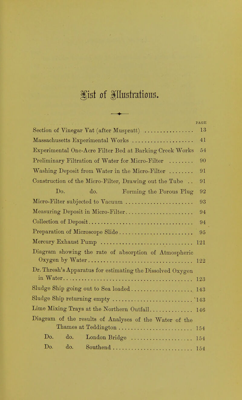 gist 0f |Itetmti0iTs. •—♦— PAGE Section of Vinegar Yat (after Muspratt) 13 Massachusetts Experimental Works 41 Experimental One-Acre Filter Bed at Barking Creek Works 54 Preliminary Filtration of Water for Micro-Filter 90 Washing Deposit from Water in the Micro-Filter 91 Construction of the Micro-Filter, Drawing out the Tube . . 91 Do. do. Forming the Porous Plug 92 Micro-Filter subjected to Vacuum 93 Measuring Deposit in Micro-Filter 94 Collection of Deposit , 94 Preparation of Microscope Slide 95 Mercury Exhaust Pump 121 Diagram showing the rate of absorption of Atmospheric Oxygen by Water 122 Dr. Thresh's Apparatus for estimating the Dissolved Oxygen in Water 123 Sludge Ship going out to Sea loaded 143 Sludge Ship returning empty '143 Lime Mixing Trays at the Northern Outfall 146 Diagram of the results of Analyses of the Water of the Thames at Teddington 154 Do. do. London Bridge 154 Do. do. Southend 154