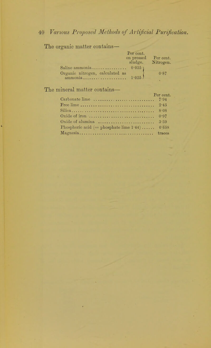 Per cent. Nitrogen. 0-87 The mineral matter contains— Per cent. Carbonate lime 7'94 Free lime 2*45 Silica 8-08 Oxide of iron 0'97 Oxide of alumina 3'39 Phosphoric acid (= phosphate lime 1'44) 0-658 Magnesia traces The organic matter contains— Per cent, on pressed sludge. Saline ammonia 0'035 Organic nitrogen, calculated as ammonia r025