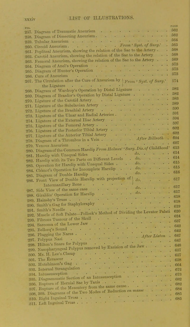 257. Diagram of Traumatic Aneurism 258. Diagram of Dissecting Aneurism 259. Tubulai: Aneurism 260. Circoid Aneurism Fro7n ' Syst. of Surg.' 261. Popliteal Aneurism, showing the relation of the Sac to the Artery . 262. Carotid Anem-ism, showmg the relation of the Sac to the Artery 263. Femoral Aneurism, showing the relation of the Sac to the Artery . 264. Diagram of Anel's Operation Diagi-am of Hunter's Operation Cure of Aneurism 265. 266. 267. I'AliH 562 562 564 565 568 568 569 573 573 573 From ' Syst. of Sv/rg.' The Circulation after the Cure of Aneurism by the Ligatm'B 268. Diagram of Wardrop's Operation by Distal Ligature 269. Diagram of Brasdor's Operation by Distal Ligature 270. Ligature of the Carotid Artery .... 271. Ligature of the Subclavian Artery 272. Ligature of the Brachial Artery . • 273. Ligature of the Uhiar and Eadial Arteries . 274. Ligature of the External Iliac Artery 275. Ligattire of the Femoral Artery . . . • 276. Ligature of the Posterior Tibial Artery . 277. Ligature of the Anterior Tibial Artery 278. Diagram of a Thrombus in a Vein . . . • 279. Venous Aneurism . -ui j, 280. Diagram of tlie Common Harelip From Holmes' ' Surg. Bis. of ChzUhood 281. Harelip with Unequal Sides .... 282. Harelip with its Two Parts on Different Levels . 283. Operation for Harelip with Unequal Sides . 284. Clemot's Operation for Incomplete Harelip . 285. Diagram of Double Harelip 286. Front View of Double Harelip with projection of Intermaxillary Bone Side View of the same case . . . • Giraldes' Operation for Harelip . . • • Hainsby's Truss Smith's Gag for Staphyloraphy . . • • 287. 288. 289. 290. 291. 292. 293. 294. 296. 296. 297. 298. After Billroth do. do. do. do. do. do. do. do. Smith's Needle . • • ' / ^ n -r. Muscle of Soft Palate-Pollock's Method of D Fibrous Tumour of the SkuU Sarcoma of the Lower Jaw Bellocq's Sound Plugging the Nares Polji^us Nasi ^..^ Hilton's Snare for Polypus 299. Nasopharyngeal Polypus removed by Excision 300. 301. 302. 303. 804. 305. riding the Levator Palati Mr. H. Lee's Clamp The ^^craseur Hutchinson's Gag Internal Strangulation • • • • Intussusception • • • • • Diagrammatic Section of an Intussusception 800. Bupture of Hernial Sac by Taxis . 307 Rupture of the Mesentery from the same cause .iui. Aiiii'i-u Mnflpa of Reduction en masse 308, 309. Diagrams of the iwo Moaes oi ii^ouu^u 310. Right Inguinal Truss 311. Left Inguinal Truss . Liston 582 582 583 589 590 591 594 597 602 602 C04 607 613 614 614 615 615 616 617 617 617 618 618 619 620 624 637 642 642 647 647 648 057 657 658 664 672 673 682 682 684 685 685