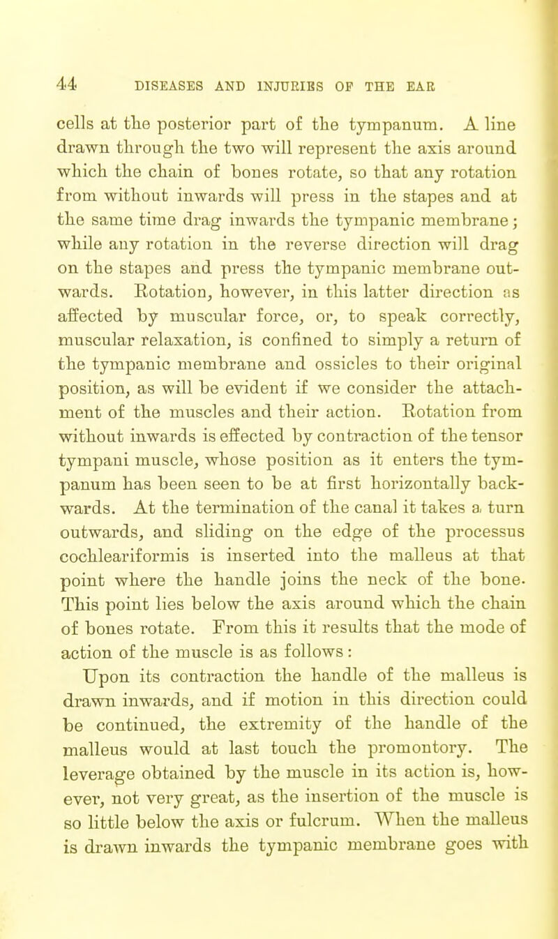 cells at tlie posterior part of tlie tympanum. A line drawn tlirougli the two will represent tlie axis around which the chain of bones rotate, so that any rotation from without inwards will press in the stapes and at the same time drag inwards the tympanic membrane; while any rotation in the reverse direction will drag on the stapes and press the tympanic membrane out- wards. Rotation, however, in this latter direction as affected by muscular force, or, to speak correctly, muscular relaxation, is confined to simply a return of the tympanic membrane and ossicles to their original position, as will be evident if we consider the attach- ment of the muscles and their action. Rotation from without inwards is effected by contraction of the tensor tympani muscle, whose position as it enters the tym- panum has been seen to be at first horizontally back- wards. At the termination of the canal it takes a. turn outwards, and sliding on the edge of the processus cochleariformis is inserted into the malleus at that point whei'e the handle joins the neck of the bone- This point lies below the axis around which the chain of bones rotate. From this it results that the mode of action of the muscle is as follows: Upon its contraction the handle of the malleus is drawn inwards, and if motion in this direction could be continued, the extremity of the handle of the malleus would at last touch the promontory. The leverage obtained by the muscle in its action is, how- ever, not very great, as the insertion of the muscle is so little below the axis or fulcrum. When the malleus is drawn inwards the tympanic membrane goes with