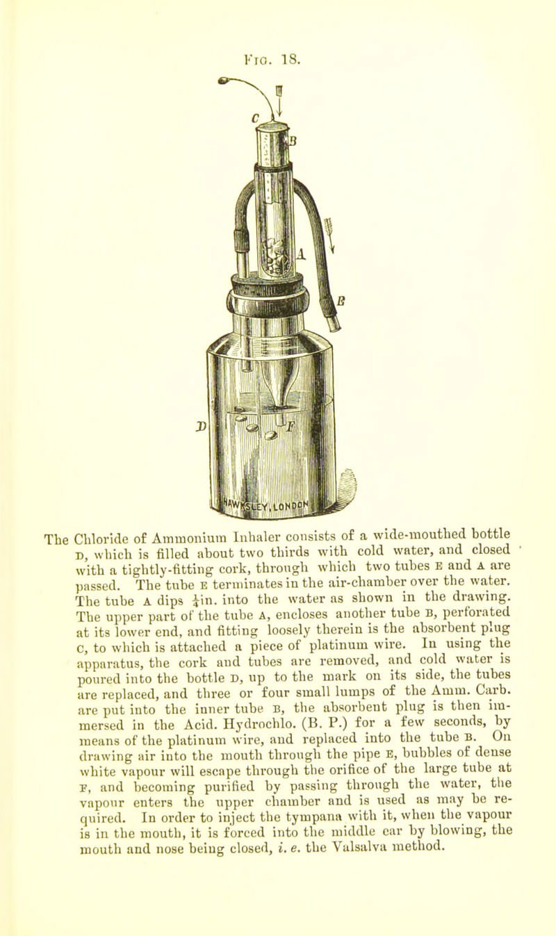 Via. 18. The Chloride of Ammonium Inhaler consists of a wide-mouthed hottle D, which is filled ahout two thirds with cold water, and closed w'ith a tightly-fitting cork, through which two tuhes E and A are passed. The tube E terminates in the air-chamber over the water. The tube A dips iin. into the water as shown in the drawing. The upper part of the tube A, encloses another tube B, perforated at its lower end, and fitting loosely therein is the absorbent plug c, to which is attached a piece of platinum wire. In using the apparatus, the cork and tubes are removed, and cold water is poured into the bottle D, up to the mark on its side, the tubes are replaced, and three or four small lumps of the Amm. Garb, are put into the inner tube B, the absorbent plug is then im- mersed in the Acid. Hydrochlo. (B. P.) for a few seconds, by means of the platinum wire, and replaced into the tube B. On drawing uir into the mouth through the pipe E, bubbles of dense white vapour will escape through the orifice of the large tube at p, and becoming purified by passing through the water, the vapour enters the upper chamber and is used as may be re- quired. In order to inject the tympana with it, when the vapour is in the mouth, it is forced into the middle car by blowing, the mouth and nose being closed, i. e. the Valsalva method.