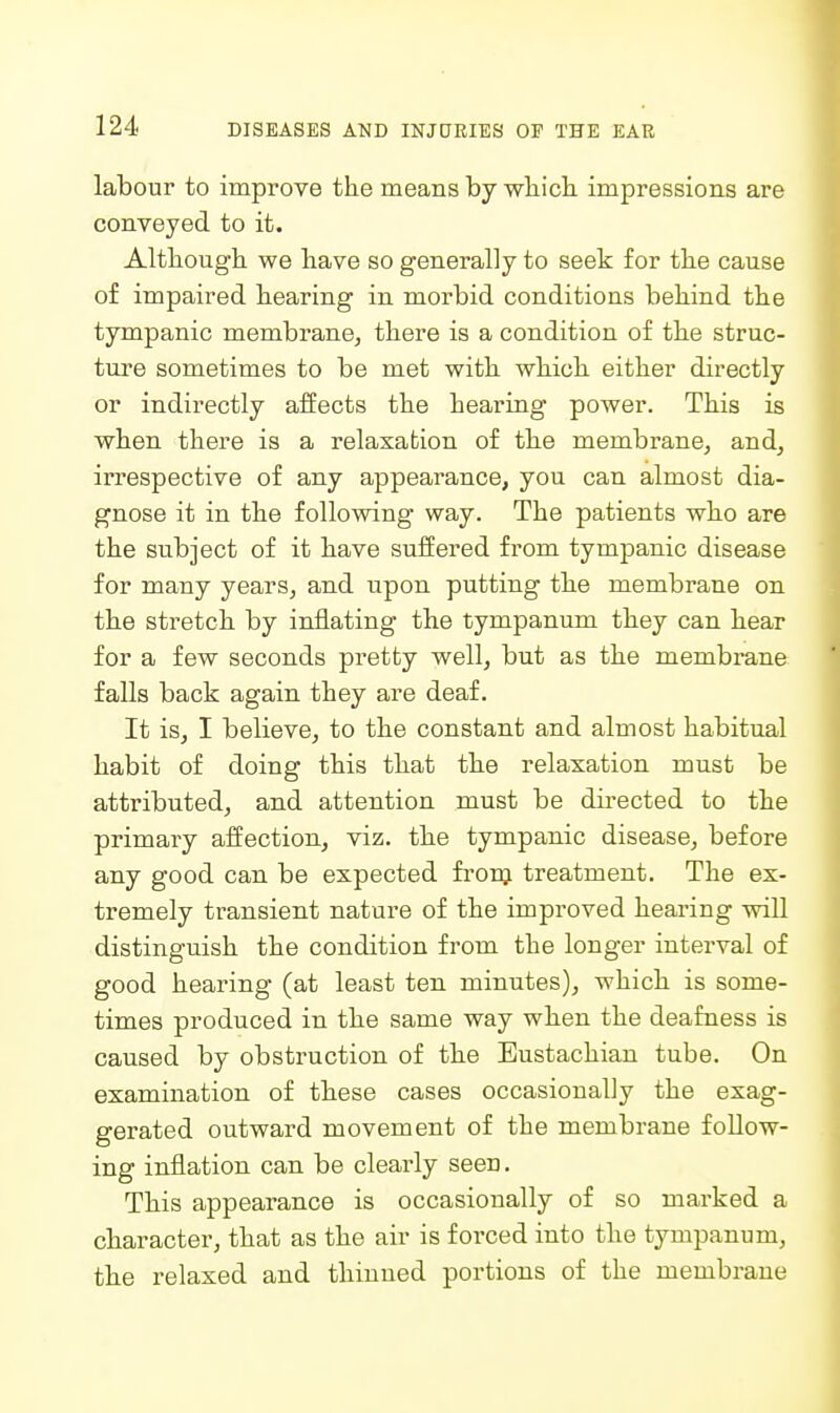 labour to improve the means by which impressions are conveyed to it. Although we have so generally to seek for the cause of impaired hearing in morbid conditions behind the tympanic membrane, there is a condition of the struc- ture sometimes to be met with which either directly or indirectly affects the hearing power. This is when there is a relaxation of the membrane, and, irrespective of any appearance, you can almost dia- gnose it in the following way. The patients who are the subject of it have suffered from tympanic disease for many years, and upon putting the membrane on the stretch by inflating the tympanum they can hear for a few seconds pretty well, but as the membrane falls back again they are deaf. It is, I believe, to the constant and almost habitual habit of doing this that the relaxation must be attributed, and attention must be directed to the primary affection, viz. the tympanic disease, before any good can be expected fi*oi^ treatment. The ex- tremely transient nature of the improved hearing will distinguish the condition from the longer interval of good hearing (at least ten minutes), which is some- times produced in the same way when the deafness is caused by obstruction of the Eustachian tube. On examination of these cases occasionally the exag- gerated outward movement of the membrane follow- ing inflation can be clearly seen. This appearance is occasionally of so marked a character, that as the air is forced into the tympanum, the relaxed and thinned portions of the membrane