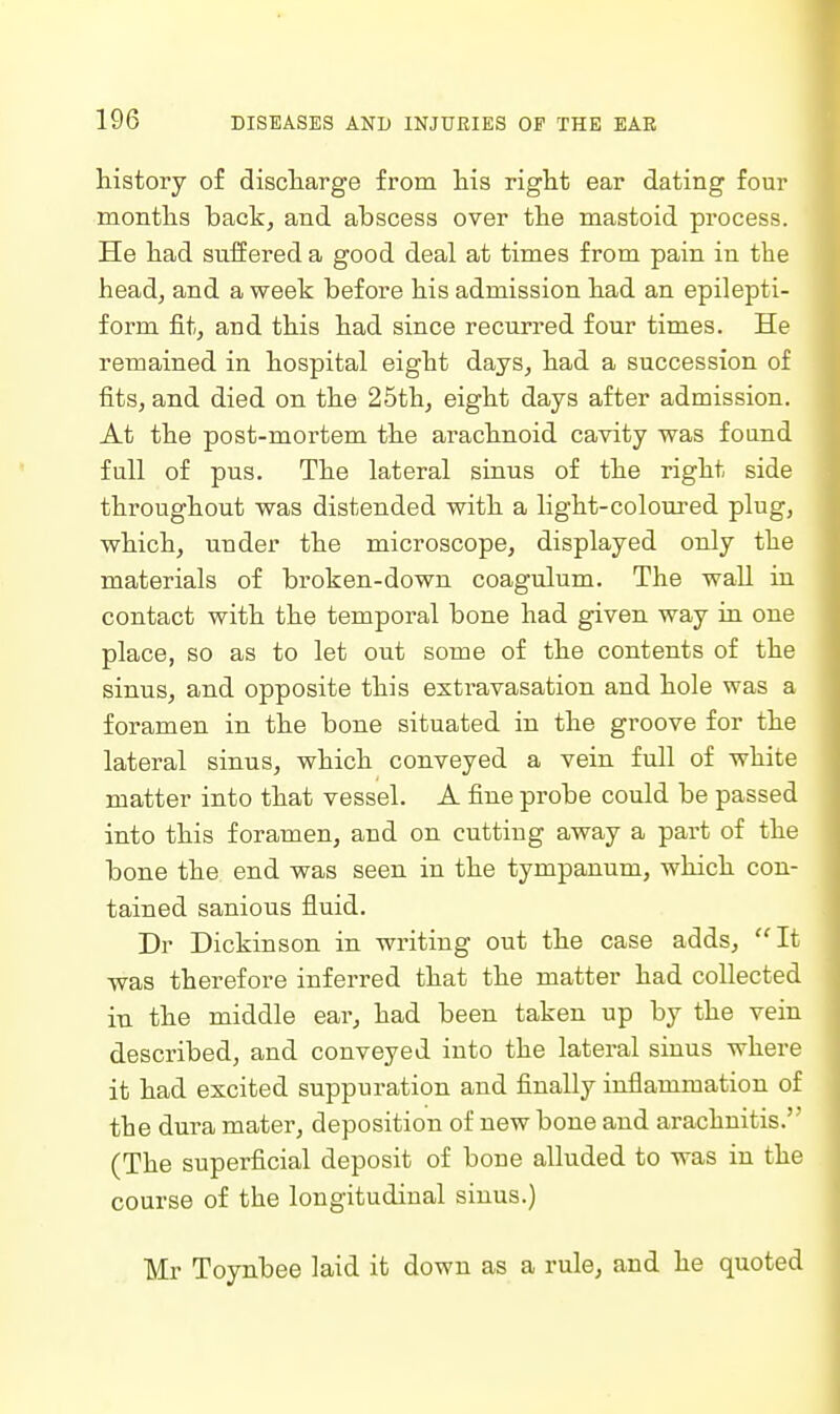 history of discliarge from liis right ear dating four months back, and abscess over the mastoid process. He had suffered a good deal at times from pain in the head, and a week before his admission had an epilepti- form fit, and this had since recurred four times. He remained in hospital eight days, had a succession of fits, and died on the 25th, eight days after admission. At the post-mortem the arachnoid cavity was found full of pus. The lateral sinus of the right side throughout was distended with a light-colom-ed plug, which, under the microscope, displayed only the materials of broken-down coagulum. The wall in contact with the temporal bone had given way in one place, so as to let out some of the contents of the sinus, and opposite this extravasation and hole was a foramen in the bone situated in the groove for the lateral sinus, which conveyed a vein full of white matter into that vessel. A fine probe could be passed into this foramen, and on cutting away a part of the bone the end was seen in the tympanum, which con- tained sanious fluid. Dr Dickinson in writing out the case adds, It •was therefore inferred that the matter had collected in the middle ear, had been taken up by the vein described, and conveyed into the lateral sinus where it had excited suppui-ation and finally inflammation of the dura mater, deposition of new bone and arachnitis. (The superficial deposit of bone alluded to was iu the course of the longitudinal sinus.) Mr Toynbee laid it down as a rule, and he quoted