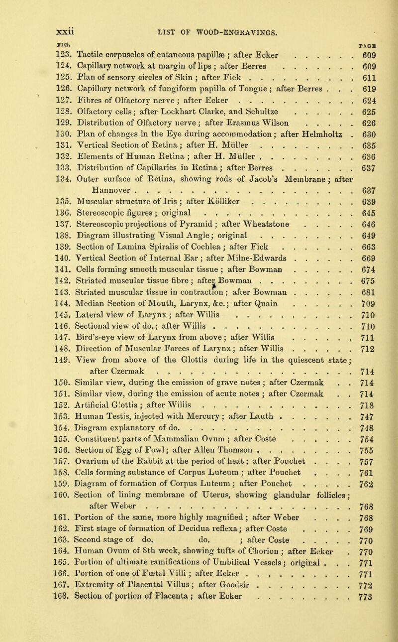 FIG. PA-GB 123. Tactile corpuscles of cutaneous papillae ; after Ecker 609 124. Capillary network at mai'gin of lips ; after Berres 609 125. Plan of sensory circles of Skin ; after Fick 611 126. Capillary network of fungiform papilla of Tongue ; after Berres . . . 619 127. Fibres of Olfactory nerve ; after Ecker 624 128. 01 factoiy cells; after Lockhart Clarke, and Schultze 625 129. Distribution of Olfactory nerve ; after Erasmus Wilson 626 130. Plan of changes in the Eye during accommodation; after Helmholtz . 630 131. Vertical Section of Eetina ; after H. Miiller 635 132. Elements of Human Eetina ; after H. Miiller 636 133. Distribution of Capillaries in Retina ; after Berres 637 134. Outer surface of Retina, showing rods of Jacob's Membrane; after Hannover 637 135. Muscular structure of Iris ; after Kolliker 639 136. Stereoscopic figures ; original 645 137. Stereoscopic projections of Pyramid ; after Wheatstone 646 138. Diagram illustrating Visual Angle; original 649 139. Section of Lamina Spiralis of Cochlea ; after Fick 663 140. Vertical Section of Internal Ear; after Milne-Edwards 669 141. Cells forming smooth muscular tissue ; after Bowman 674 142. Striated muscular tissue fibre ; afte^ Bowman 675 143. Striated muscular tissue in contraction; after Bowman 681 144. Median Section of Mouth, Larynx, &c.; after Quain 709 145. Lateral view of Larynx ; after Willis ..710 146. Sectional view of do.; after Willis 710 147. Bird's-eye view of Larynx from above; after Willis 711 148. Direction of Muscular Forces of Larynx; after Willis 712 149. View from above of the Glottis during life in the quiescent state; after Czermak 714 150. Similar view, during the emission of grave notes ; after Czermak , . 714 151. Similar view, during the emission of acute notes ; after Czermak . . 714 152. Artificial Glottis ; after Willis 718 153. Human Testis, injected with Mercury ; after Lauth 747 154. Diagram explanatory of do 748 155. Constituent parts of Mammalian Ovum ; after Coste 754 156. Section of Egg of Fowl; after Allen Thomson 755 157. Ovarium of the Rabbit at the period of heat; after Pouchet .... 757 158. Cells forming substance of Corpus Luteum ; after Pouchet .... 761 159. Diagram of formation of Corpus Luteum; after Pouchet 762 160. Section of lining membrane of Uterus, showing glandular follicles; after Weber 768 161. Portion of the same, more highly magnified ; after Weber . . . . 768 162. First stage of formation of Decidua reflexa; after Coste 769 163. Second stage of do. do. ; after Coste 770 164. Human Ovum of 8th week, showing tufts of Chorion ; after Ecker . 770 165. Poition of ultimate ramifications of Umbilical Vessels ; original . . . 771 166. Portion of one of Foetal Villi ; after Ecker 771 167. Extremity of Placental Villus ; after Goodsir 772 168. Section of portion of Placenta ; after Ecker 773