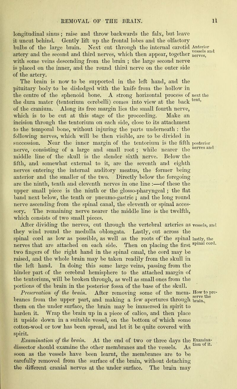 longitudinal sinus; raise and throw backwards the falx, but leave it uncut behind. Gently lift up the frontal lobes and the olfactory bulbs of the large brain. Next cut through the internal carotid Anterior artery and the second and third nerves, which then appear, together nerves, with some veins descending from the brain ; the large second nerve is placed on the inner, and the round third nerve on the outer side of the artery. The brain is now to be supported in the left hand, and the pituitary body to be dislodged with the knife from the hollow in the centre of the sphenoid bone. A strong horizontal process of next the the dura mater (tentorium cerebelli) comes into view at the back tent' of the cranium. Along its free margin lies the small fourth nerve, which is to be cut at this stage of the proceeding. Make an incision through the tentorium on each side, close to its attachment to the temporal bone, without injuring the parts underneath : the following nerves, which will be then visible, are to be divided in succession. Near the inner margin of the tentorium is the fifth posterior nerve, consisting of a large and small root ; while nearer the nerves and middle line of the skull is the slender sixth nerve. Below the fifth, and somewhat external to it, are the seventh and eighth nerves entering the internal auditory meatus, the former being anterior and the smaller of the two. Directly below the foregoing are the ninth, tenth and eleventh nerves in one line :—of these the upper small piece is the ninth or the glosso-pharyngeal; the flat band next below, the tenth or imeumo-gastric ; and the long round nerve ascending from the spinal canal, the eleventh or spinal acces- sory. The remaining nerve nearer the middle line is the twelfth, which consists of two small pieces. After dividing the nerves, cut through the vertebral arteries as vessels, and they wind round the medulla oblongata. Lastly, cut across the spinal cord as low as possible, as well as the roots of the spinal lastly, the nerves that are attached on each side. Then on placing the first sPinal cortL two fingers of the right hand in the spinal canal, the cord may be raised, and the whole brain may be taken readily from the skull in the left hand. In doing this some large veins, passing from the hinder part of the cerebral hemisphere to the attached margin of the tentorium, will be broken through, as well as small ones from the portions of the brain in the posterior fossa of the base of the skull. Preservation of the brain. After removing some of the mem- ^°^^ie?re branes from the upper part, and making a few apertures through brain., them on the under surface, the brain may be immersed in spirit to harden it. Wrap the brain up in a piece of calico, and then place it upside down in a suitable vessel, on the bottom of which some cotton-wool or tow has been spread, and let it be quite covered with spirit. Examination of the brain. At the end of two or three clays the Examina- dissector should examine the other membranes and the vessels. As soon as the vessels have been learnt, the membranes are to be carefully removed from the surface of the brain, without detaching the different cranial nerves at the under surface. The brain may