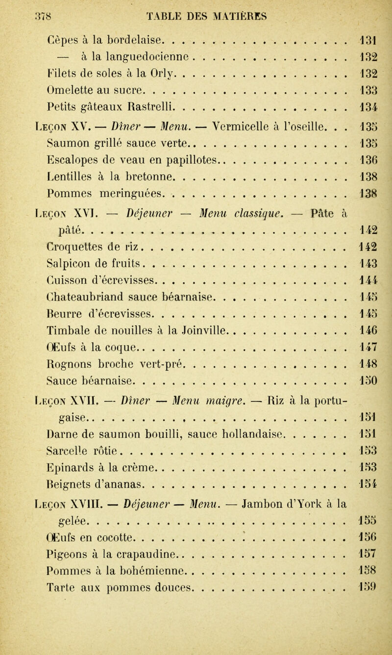 Cèpes à la bordelaise 131 — à la languedocienne 132 Filets de soles à la Orly 132 Omelette au sucre 133 Petits gâteaux Rastrelli 134 Leçon XV. — Dîner— Menu. — Vermicelle à l'oseille. . . 135 Saumon grillé sauce verte 135 Escalopes de veau en papillotes 136 Lentilles à la bretonne 138 Pommes meringuées. 138 Leçon XVI. — Déjeuner — Menu classique. — Pâte à pâté ......... 142 Croquettes de riz 142 Salpicon de fruits 143 Cuisson d'écrevisses 144 Chateaubriand sauce béarnaise 145 Beurre d'écrevisses 145 Timbale de nouilles à la Joinville 146 Œufs à la coque 147 Rognons broche vert-pré 148 Sauce béarnaise 150 Leçon XVII. — Dîner — Menu maigre. — Riz à la portu- gaise 151 Darne de saumon bouilli, sauce hollandaise 151 Sarcelle rôtie 153 Epinards à la crème 153 Beignets d'ananas 154 Leçon XVIII. — Déjeuner — Menu. — Jambon d'York à la gelée 155 Œufs en cocotte ! 156 Pigeons à la crapaudine 157 Pommes à la bohémienne 158 Tarte aux pommes douces 159