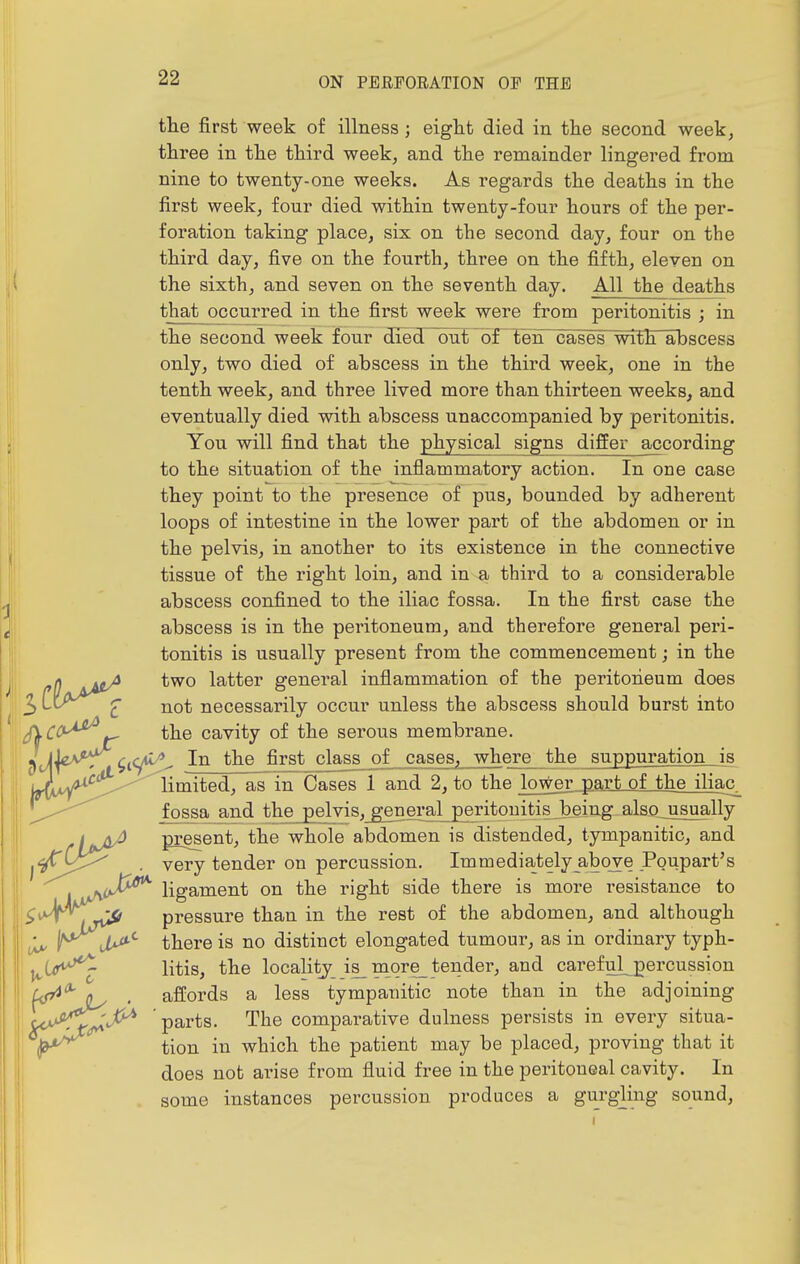 the first week of illness; eight died in the second week, three in the third week, and the remainder lingered from nine to twenty-one weeks. As regards the deaths in the first week, four died within twenty-four hours of the per- foration taking place, six on the second day, four on the third day, five on the fourth, three on the fifth, eleven on the sixth, and seven on the seventh day. All the deaths that occurred in the first week were from peritonitis ; in the second week four died^ut oF ten^cases with abscess only, two died of abscess in the third week, one in the tenth week, and three lived more than thirteen weeks, and eventually died with abscess unaccompanied by peritonitis. You will find that the physical signs differ according to the situation of the inflammatory action. In one case they point to the presence of pus, bounded by adherent loops of intestine in the lower part of the abdomen or in the pelvis, in another to its existence in the connective tissue of the right loin, and in a third to a considerable abscess confined to the iliac fossa. In the first case the abscess is in the peritoneum, and therefore general peri- tonitis is usually present from the commencement; in the two latter general inflammation of the peritoneum does not necessarily occur unless the abscess should burst into ,|^^jL^ the cavity of the serous membrane. 1^ i^e^^7 ^j(yu/>^ In the first class_of cases^ where the suppuration is jL^^'^^^'^lixrdiedi, as in Cases 1 and 2, to the lower part of the_iliac_ ^ fossa and the_pelvis,jgetiera]_j)eritouitis being alsojsually 1 present, the whole abdomen is distended, tympanitic, and ^^-^^ very tender on percussion. Immediately above Poupart's ligament on the right side there is more resistance to ^^^^^tjC^ pressure than in the rest of the abdomen, and although ^ ir^ dU^^ there is no distinct elongated tumour, as in ordinary typh- j^C<rt^ litis, the localitj is^ mqre_ tender, and careful^gercussion ^\0y . afOords a less tympanitic note than in the adjoining parts. The comparative dulness persists in every situa- 1^*^ tion in which the patient may be placed, proving that it does not arise from fluid free in the peritoneal cavity. In some instances percussion produces a gurgling sound.