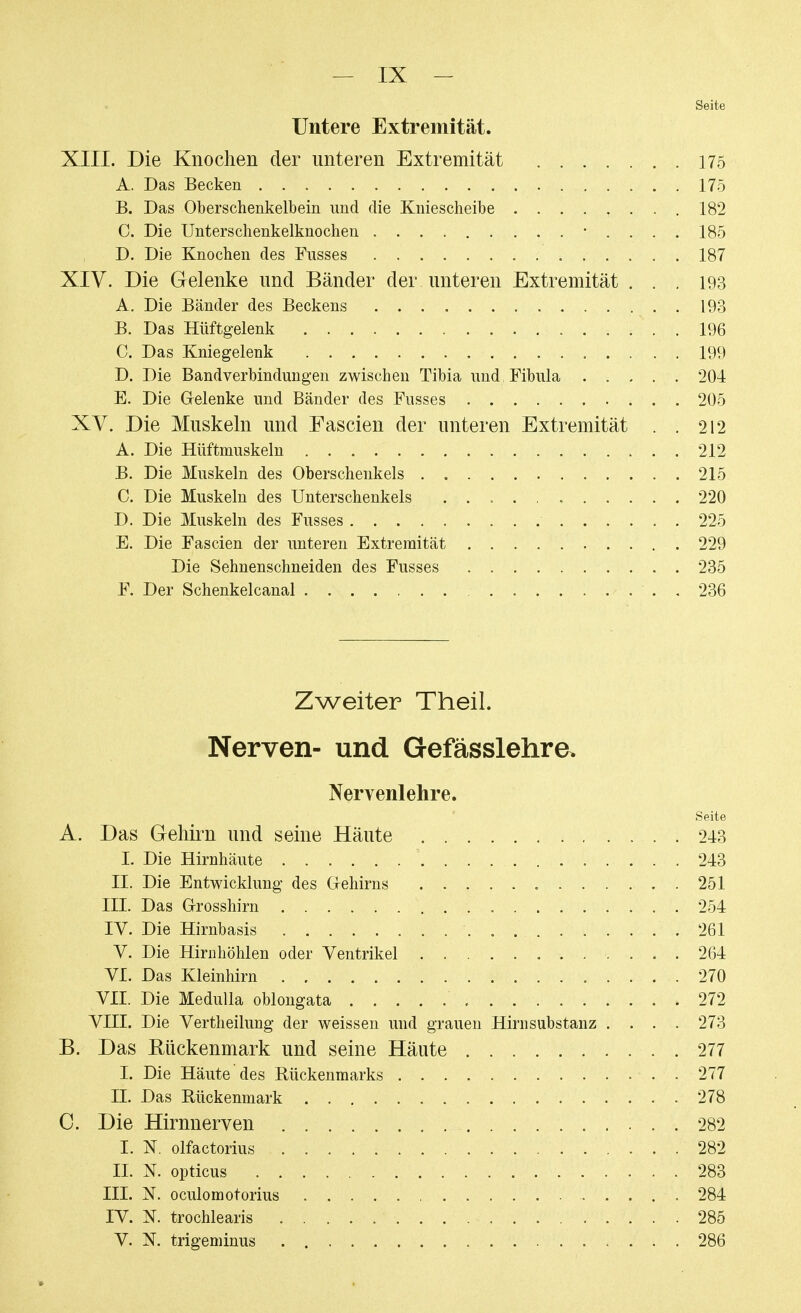 Seite Untere Extremität. XIII. Die Knochen der unteren Extremität 175 A. Das Becken 175 B. Das Oberschenkelbein und die Kniescheibe 182 C. Die Unterschenkelknochen • . . . . 185 D. Die Knochen des Fusses 187 XIV. Die Gelenke und Bänder der unteren Extremität ... 193 A. Die Bänder des Beckens 193 B. Das Hüftgelenk 196 C. Das Kniegelenk 199 D. Die Bandverbindungen zwischen Tibia und Fibula 204 E. Die Gelenke und Bänder des Fusses 205 XV. Die Muskeln und Fascien der unteren Extremität . . 212 A. Die Hüftmuskeln 212 B. Die Muskeln des Oberschenkels 215 C. Die Muskeln des Unterschenkels 220 D. Die Muskeln des Fusses 225 E. Die Fascien der unteren Extremität . 229 Die Sehnenschneiden des Fusses 235 F. Der Schenkelcanal . . 236 Zweiter Theil. Nerven- und Gefässlehre, Nervenlehre. Seite A. Das Gehirn und seine Häute 243 I. Die Hirnhäute ' 243 II. Die Entwicklung des G-ehirns 251 III. Das G-rosshirn 254 IV. Die Hirnbasis 261 V. Die Hirnhöhlen oder Ventrikel 264 VI. Das Kleinhirn 270 VII. Die Medulla oblongata ' 272 VIII. Die Vertheilung der weissen und grauen Himsubstanz .... 273 B. Das Rückenmark und seine Häute 277 I. Die Häute des Bückenmarks 277 II. Das Rückenmark 278 C. Die Hirnnerven 282 I. N. olfactorius 282 II. N. opticus 283 III. N. oculomotorius 284 IV. N. trochlearis 285 V. N. trigeminus 286