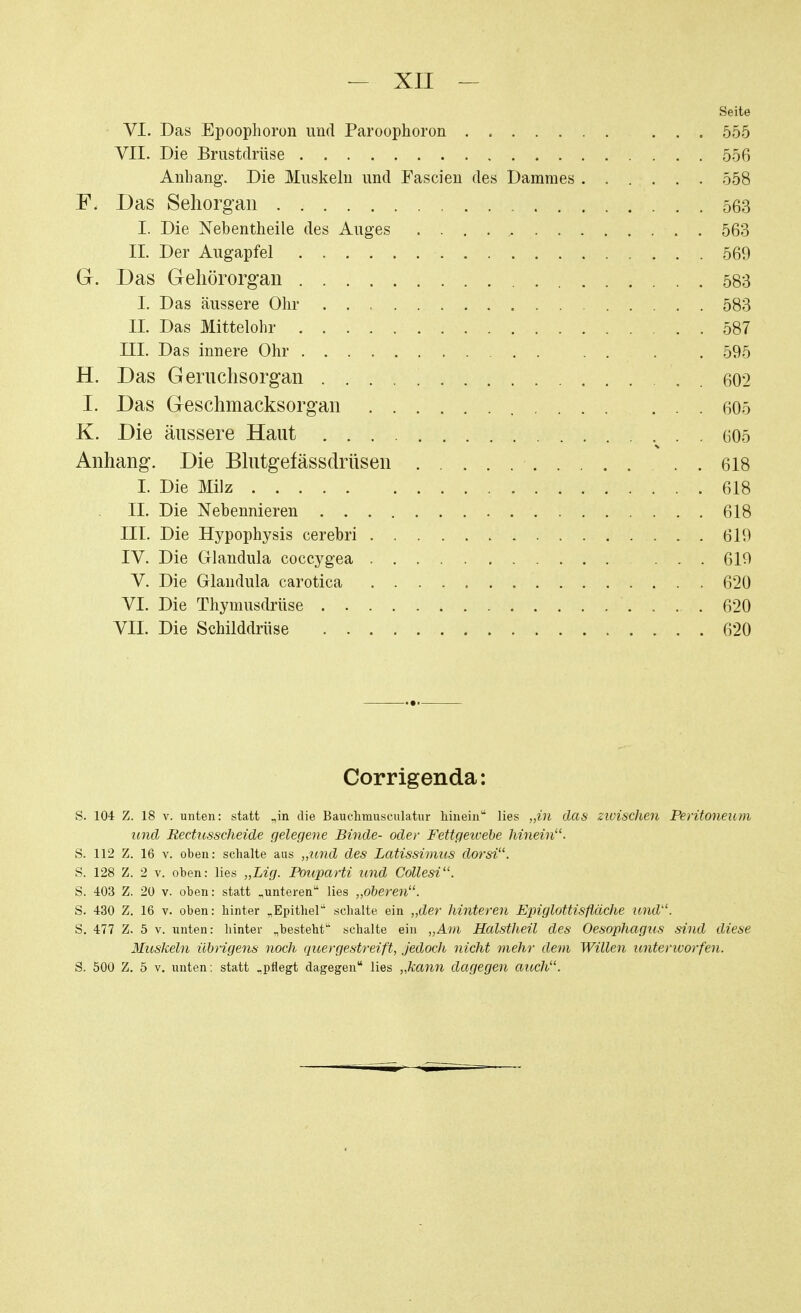 Seite VI. Das Epoophoron und Paroophoron ... 555 VII. Die Brustdrüse 556 Anhang. Die Muskeln und Fascien des Dammes 558 F. Das Sehorgan 563 I. Die Nebentheile des Auges . . . . > 563 II. Der Augapfel 569 G. Das Gehörorgan 583 I. Das äussere Ohr 583 II. Das Mittelohr 587 III. Das innere Ohr ... . 595 H. Das Gernchsorgan 602 I. Das Geschmacksorgan 605 K. Die äussere Haut . . 605 Anhang. Die Blutgefässdrüsen 618 I. Die Milz 618 II. Die Nebennieren 618 III. Die Hypophysis cerebri 619 IV. Die Glandula coccygea 619 V. Die Glandula carotica 620 VI. Die Thymusdrüse 620 VII. Die Schilddrüse 620 Corrigenda: S. 104 Z. 18 v. unten: statt „in die Bauchmusculatur hinein lies „in das zivischen Peritoneum und Reehtsseheide gelegene Binde- oder Fettgeivebe hinein1'. S. 112 Z. 16 v. oben: schalte aus „und des Latissimus dorsi. S. 128 Z. 2 v. oben: lies „Lig. Pouparti und Collesi. S. 403 Z. 20 v. oben: statt „unteren lies „oberen. S. 430 Z. 16 v. oben: hinter „Epithel schalte ein „der hinteren Epiglottisfläche und1'. S. 477 Z. 5 v. unten: hinter „besteht schalte ein „Am Halstheil des Oesophagus sind diese Muskeln übrigens noch quergestreift, jedoch nicht mehr dem Willen unterworfen. S. 500 Z. 5 v. unten: statt „pflegt dagegen lies „kann dagegen auch11.