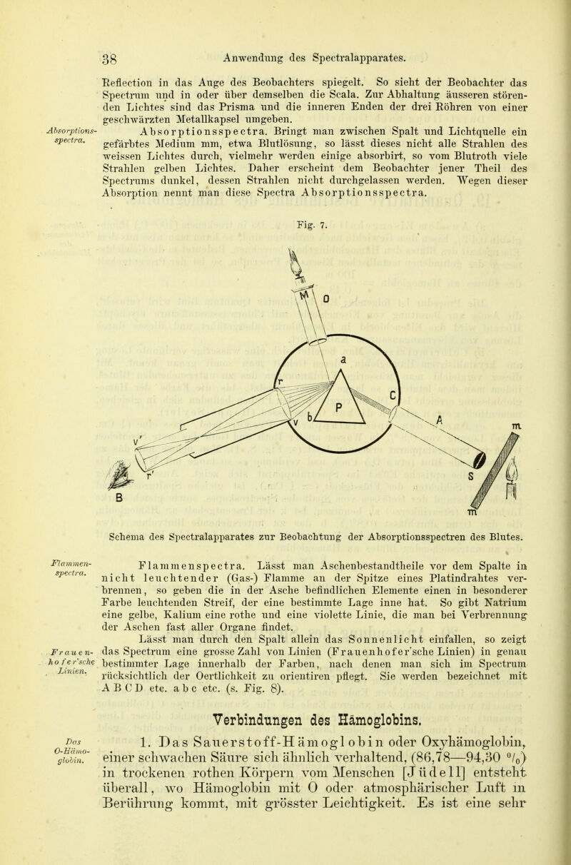 Reflection in das Ange des Beobachters spiegelt. So sieht der Beobachter das Spectrnm und in oder über demselben die Scala. Zur Abhaltung äusseren stören- den Lichtes sind das Prisma und die inneren Enden der drei Röhren von einer geschwärzten Metallkapsel umgeben. Absorptions- Absorptionsspectra. Bringt man zwischen Spalt und Lichtquelle ein spectra. gefärbtes Medium mm, etwa Blutlösung, so lässt dieses nicht alle Strahlen des weissen Lichtes durch, vielmehr werden einige absorbirt, so vom Blutroth viele Strahlen gelben Lichtes. Daher erscheint dem Beobachter jener Theil des Spectrums dunkel, dessen Strahlen nicht durchgelassen werden. Wegen dieser Absorption nennt man diese Spectra Absorptionsspectra. Fig. 7. Schema des Spectralapparates zur Beohachtung der Absorptionsspectren des Blutes. Flammen- F1 ammenspcctra. Lässt man Aschenbestandtheile vor dem Spalte in spectia. jjiß]^^ leuchtender (Gas-) Flamme an der Spitze eines Platindrahtes ver- brennen, so geben die in der Asche befindlichen Elemente einen in besonderer Farbe leuchtenden Streif, der eine bestimmte Lage inne hat. So gibt Natrium eine gelbe, Kalium eine rothe und eine violette Linie, die man bei Verbrennung der Aschen fast aller Organe findet. Lässt man durch den Spalt allein das Sonnenlicht einfallen, so zeigt Frauen- das Spectrum eine grosse Zahl von Linien (Frauenhofer'sche Linien) in genau ^^rn'en^^ bestimmter Lage innerhalb der Farben, nach denen man sich im Spectrum ^ni.en. i'ücksichtlich der Oertlichkeit zu orientiren pflegt. Sie werden bezeichnet mit A B C D etc. a b c etc. (s. Fig. 8). Verbindungen des Hämoglobins. -»«j 1. Das Saiierstoff-H ämogl obin oder Oxyliämoglobin^ loun.' einer scliwachen Säure sich ähnlich verhaltend, (86,78—94,30 in trockenen rothen Körpern vom Menschen [Jüdell] entsteht überall, wo Hämoglobin mit 0 oder atmosphärischer Luft m Berührung kommt, mit grösster Leichtigkeit. Es ist eine sehr