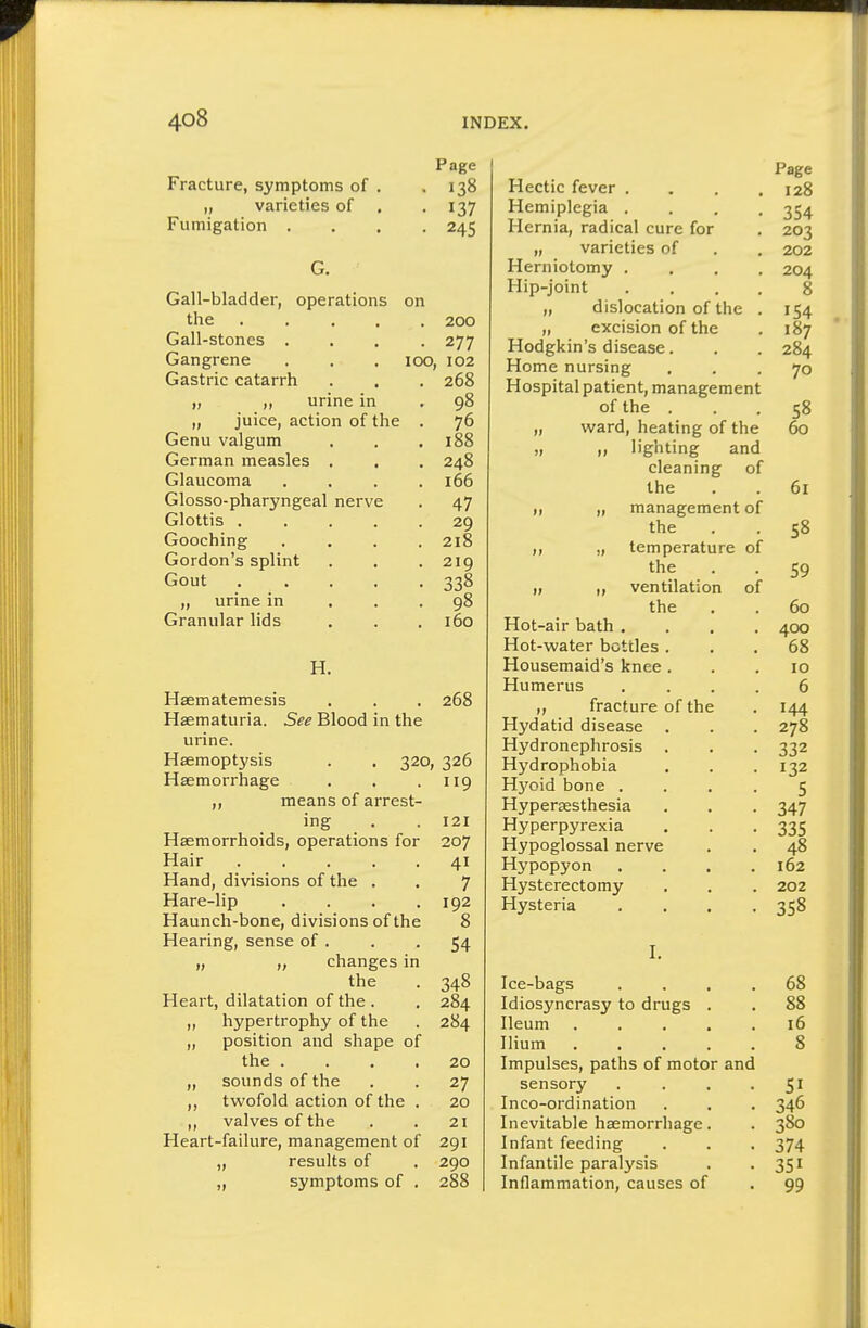 Fracture, symptoms of „ varieties of Fumigation . Gall-bladder, operations the . Gall-stones . Gangrene Gastric catarrh „ „ urine in „ juice, action of the Genu valgum German measles . Glaucoma Glosso-pharyngeal nerve Glottis . Gooching Gordon's splint Gout „ urine in Granular lids Page 138 137 245 on . 200 • 277 100, 102 . 268 98 76 188 248 166 47 29 218 219 338 98 160 H. Hsematemesis , . . 268 Haematuria. See Blood in the urine. Haemoptysis . . 320, 326 Haemorrhage . . '119 ,, means of arrest- ing . . 121 Haemorrhoids, operations for 207 Hair 41 Hand, divisions of the , . 7 Hare-lip . . . .192 Haunch-bone, divisions of the 8 Hearing, sense of . . -54 „ „ changes in the . 348 Heart, dilatation of the . . 284 „ hypertrophy of the . 284 „ position and shape of the .... 20 „ sounds of the . . 27 ,, twofold action of the . 20 ,, valves of the . . 21 Heart-failure, management of 291 „ results of . 290 „ symptoms of . 288 Hectic fever . Hemiplegia . Hernia, radical cure for „ varieties of Herniotomy . Hip-joint „ dislocation of the „ excision of the Hodgkin's disease. Home nursing Hospital patient, management of the . „ ward, heating of the „ „ lighting and cleaning of the I, „ management of the ,, temperature of the „ „ ventilation of the Hot-air bath . Hot-water bottles . Housemaid's knee. Humerus „ fracture of the Hydatid disease . Hydronephrosis Hydrophobia Hyoid bone . Hyperesthesia Hyperpyrexia Hypoglossal nerve Hypopyon Hysterectomy Hysteria I. Ice-bags Idiosyncrasy to drugs . Ileum .... Ilium .... Impulses, paths of motor and sensory Inco-ordination Inevitable haemorrhage. Infant feeding Infantile paralysis Inflammation, causes of Page 128 354 203 202 204 8 154 187 284 70 58 60