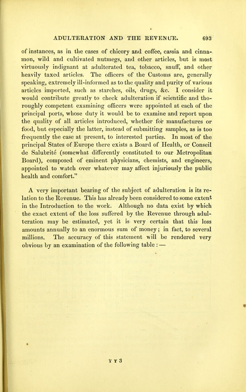 of instances, as in the cases of chicory and coffee, cassia and cinna- mon, wild and cultivated nutmegs, and other articles, but is most virtuously indignant at adulterated tea, tobacco, snuff, and other heavily taxed articles. The officers of the Customs are, generally speaking, extremely ill-informed as to the quality and purity of various articles imported, such as starches, oils, drugs, &c. I consider it would contribute greatly to check adulteration if scientific and tho- roughly competent examining officers were appointed at each of the principal ports, whose duty it would be to examine and report upon the quality of all articles introduced, whether for manufactures or food, but especially the latter, instead of submitting samples, as is too frequently the case at present, to interested parties. In most of the principal States of Europe there exists a Board of Health, or Conseil de Salubrite (somewhat differently constituted to our Metropolitan Board), composed of eminent physicians, chemists, and engineers, appointed to watch over whatever may affect injuriously the public health and comfort. A very important bearing of the subject of adulteration is its re- lation to the Revenue. This has already been considered to some extent in the Introduction to the work. Although no data exist by which the exact extent of the loss suffered by the Revenue through adul- teration may be estimated, yet it is very certain that this loss amounts annually to an enormous sum of money; in fact, to several millions. The accuracy of this statement w ill be rendered very obvious by an examination of the following table : — If lr 3