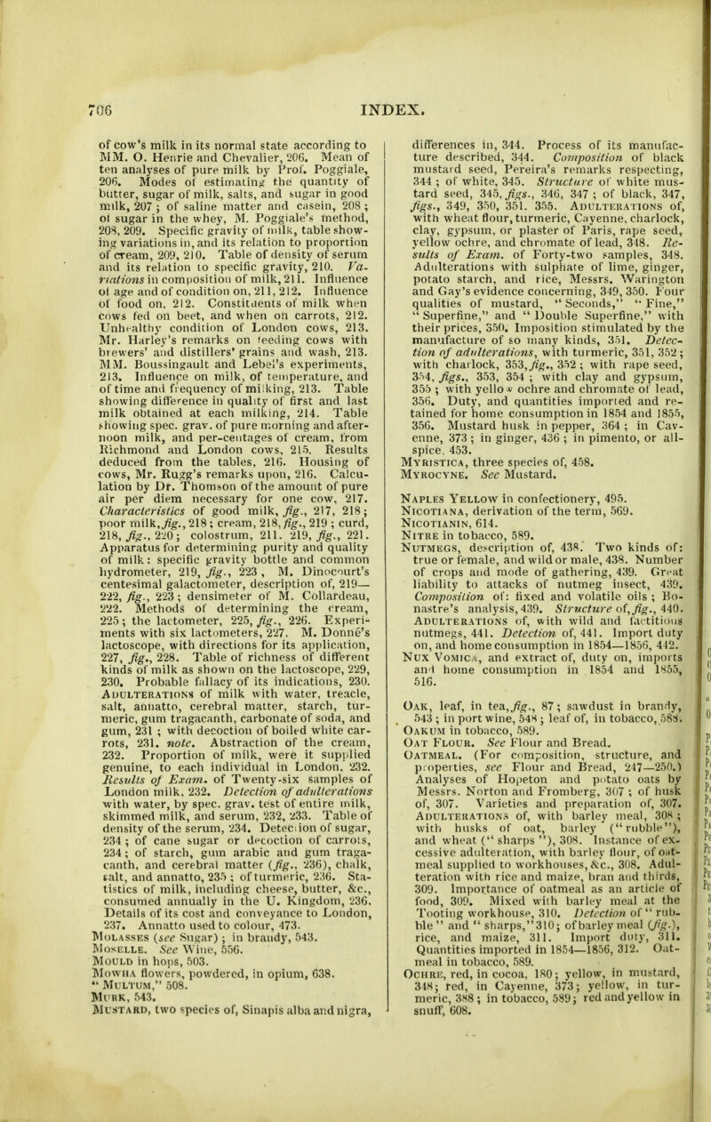 of cow's milk in its normal state according to MM. O. Henrie and Chevalier, 206. Mean of ten analyses of pure milk by Prof. Poggiale, 206. Modes of estimatinjj the quantity of butter, sugar of milk, salts, and sugar in good milk, 207 ; of saline matter and c;issin, 208 ; ot sugar in the whey, M. Poggiale's method, 20S, 209. Specific gravity of milk, table show- ing variations in, and its relation to proportion of cream, 209, 210. Table of density of serum and its relation to specific gravity, 210. Fa- nations in composition of milk, 211. Influence ol age and of condition on, 211, 212. Influence of food on, 212. Constitijents of milk when cows fed on beet, and when on carrots, 212. Unhealthy condition of London cows, 213. Mr. Harley's remarks on feeding cows with brewers' and distillers' grains and wash, 213. MM. Boussingault and Label's experiments, 213. Influence on milk, of temperature, and of time and frequency of milking, 213. Table showing difference in quality of first and last milk obtained at each milking, 214. Table .'■bowing spec. grav. of pure morning and after- noon milk, and per-centages of cream, from llichmond and London cows, 215. Results deduced from the tables, 216. Housing of cows, Mr. Rugg's remarks upon, 216. Calcu- lation by Dr. Thomson of the amount of pure air per diem necessary for one cow, 217. Characteristics of good milk, yitg-., 217, 218; poor milk,^^.,218; cream, 218,/j^., 219 ; curd, 218, yi^., 220 ; colostrum, 211. 219, 221. Apparatus for determining purity and quality of milk: specific gravity bottle and common hydrometer, 219,^^., 223 , M. Dinocourt's centesimal galactometer, description of, 219— 222, fig., 223 ; densimeter of M. Collardeau, 222. Methods of determining the cream, 225 ; the lactometer, 225, fig., 226. Experi- ments with six lactometers, 227. M. Donne's lactoscope, with directions for its application, 227, fig., 228. Table of richness of diflferent kinds of milk as shown on the lactoscope, 229, 230. Probable fallacy of its indications, 230. Adulterations of milk with water, tre.acle, salt, annatto, cerebral matter, starch, tur- meric, gum tragacanth, carbonate of soda, and gum, 231 ; with decoction of boiled white car- rots, 231. note. Abstraction of the cream, 232. Proportion of milk, were it supplied genuine, to each individual in London. 232. Results of Exam, of Twenty-six samples of London milk. 232. Detection of adulterations with water, by spec. grav. test of entire milk, skimmed milk, and serum, 232, 233. Table of density of the serum, 234. Detection of sugar, 234 ; of cane sugar or decoction of carrots, 234 ; of starch, gum arable and gum traga- canth, and cerebral matter {fig., 236), chalk, salt, and annatto, 235 ; of turmeric, 236. Sta- tistics of milk, including cheese, butter, &c., consumed annually in the U. Kingdom, 236. Details of its cost and conveyance to London, 237. Annatto used to colour, 473. Molasses {see Sugar); in brandy, 543. Moselle. See Wine, 556. Mould in hops, 503. MownA flowers, powdered, in opium, 038. MULTUM, 508. Murk, 543. Mustard, two species of, Sinapis alba and nigra, differences in, 344. Process of its manufac- ture described, 344. Composition of black mustard seed, Pereira's remarks respecting, 344 ; of white, 345. Structure of white mus- tard seed, Mf),figs., 346, 347 ; of black, 347, Jigs., 349, 350, 351. 355. Adulterations of, with wheat flour, turmeric, Cayenne, charlock, clay, gypsum, or plaster of Paris, rape seed, yellow ochre, and chromate of lead, 348. Re- sults of Exam, of Forty-two samples, 348. Adulterations with sulphate of lime, ginger, potato starch, and rice, Messrs. Warington and Gay's evidence concerning, 349, 350. t our qualities of mustard,  Seconds, '• Fine,  Superfine, and  Double Superfine, with their prices, 350. Imposition stimulated by the manufacture of so many kinds, 351. Detec- tion of adulterations, with turmeric, 351, 352 ; with chailock, 353,^;?., 352 ; with rape seed, 354, figs., 353, 354 ; with clay and gypsum, 355 ; with yello *■ ochre and chromate of lead, 356. Duty, and quantities imported and re- tained for home consumption in 1854 and 1855, 356. Mustard husk in pepper, 364 ; in Cay- enne, 373 ; in ginger, 436 ; in pimento, or ail- spice, 453. Myristica, three species of, 458. Myrocyne. See Mustard. Naples Yellow in confectionery, 495. NicoTiANA, derivation of the term, 569. NiCOTIANIN, 614. Nitre in tobacco, 589. Nutmegs, description of, 438.' Two kinds of: true or female, and wild or male, 438. Number of crops and mode of gathering, 439. Great liability to attacks of nutmeg insect, 439. Comjwsition of: fixed and volatile oils ; Bo- nastre's analysis, 439. Structure of,fig., 440. Adulterations of, with wild and factitious nutmegs, 441. Detection of, 44\. Import duty on, and home consumpticm in 1854—1856, 442. Nux VoMic V, and extract of, duty on, imports an<i home consumption in 1854 and 1855, 616. Oak, leaf, in tea.,fig,, 87; sawdust in branMy, 543 ; in port wine, 548 ; leaf of, in tobacco, 588.  Oakum in tobacco, 589. Oat Flour. See Flour and Bread, Oatmeal. (For composition, structure, and p:operties, sec Flour and Bread, 247—250.) Analyses of Hopeton and potato oats by Messrs. Norton and Fromberg, 307 ; of husk of, 307. Varieties and preparation of, 307. Adulteration.^ of, with barley meal, 308 ; with husks of oat, barley (rubble), and wheat ( sharps ), 308. Instance of ex- cessive adulteration, with barley flour, of ont- meal supplied to workho\ises, ^tc, 3(i8. Adul- teration with rice and maize, bran and thirds, 309. Importance of oatmeal as an article of food, 309. Mixed with barley meal at the Tooting workhouse, 310. Detection of  rub- ble and  sharps, 310; of barley meal (J'g-)j rice, and maize, 311. Import duty, 311. Quantities imported in 1854—1856, 312. Oat- meal in tobacco, 589. Ochre, red, in cocoa, 180; yellow, in mustard, 348; red, in Cayenne, 373; yellow, in tur- meric, 388 ; in tobacco, 589; red and yellow in snuff, 608.