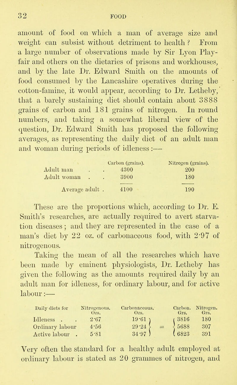 amount of food on which a man of average size and weight can subsist without detriment to health ? From a large number of observations made by Sir Lyon Play- fair and others on the dietaries of prisons and workhouses, and by the late Dr. Edward Smith on the amounts of food consumed by the Lancashire operatives during the cotton-famine, it would appear, according to Dr. Letheby,' that a barely sustaining diet should contain about 3888 grains of carbon and 181 grains of nitrogen. In round numbers, and taking a somewhat liberal view of the question, Dr. Edward Smith has proposed the following averages, as representing the daily diet of an adult man and woman during periods of idleness :—• Carbon (grains). Nitrogen (grains). Adult man . . 4300 200 Adult womau . . 3900 180 Average adult . 4100 190 These are the proportions which, according to Dr. E. Smith's researches, are actually required to avert starva- tion diseases; and they are represented in the case of a man's diet by 22 oz. of carbonaceous food, with 2*97 of nitrogenous. Taking the mean of all the researches which have been made by eminent physiologists, Dr. Letheby has given the following as the amounts required daily by an adult man for idleness, for ordinary labour, and for active labour:— Daily diets for Nitrogenous. Carbonaceous. Carbon. Nitrogen. Ozs. Ozs. Grs. Grs. Idleness . . 2-67 19-61 \ i 3816 180 Ordinary labour 4-56 29-24 [ = ] 5688 307 Active labour . 5-81 34-97 ) ( 6823 391 Very often the standard for a healthy adult employed at ordinary labour is stated as 20 grammes of nitrogen, and