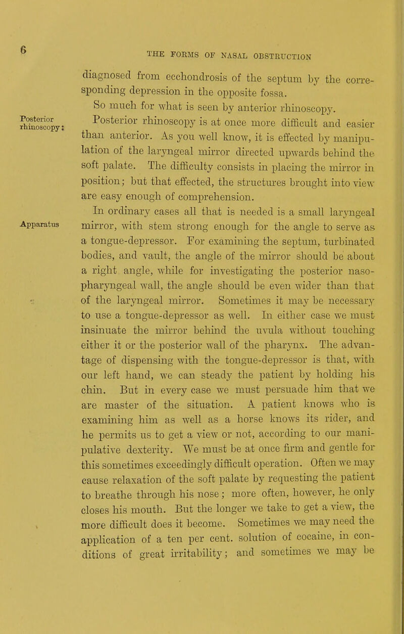 Posterior rhinoscopy: Apparatus diagnosed from ecchondrosis of the septum by the corre- sponding depression in the opposite fossa. So much for what is seen by anterior rhinoscopy. Posterior rhinoscopy is at once more difficult and easier than anterior. As you well know, it is effected by manipu- lation of the lar3mgeal mirror directed upwards behmd the soft palate. The difficulty consists in placing the mirror in position; but that effected, the structures brought into view are easy enough of comprehension. In ordinary cases all that is needed is a small laryngeal mirror, with stem strong enough for the angle to serve as a tongue-depressor. For examining the septum, turbinated bodies, and vault, the angle of the mirror should be about a right angle, while for investigating the posterior naso- pharyngeal wall, the angle should be even wider than that of the laryngeal mirror. Sometimes it may be necessary to use a tongue-depressor as well. In either case we must insmuate the mirror behind the uvula without touching either it or the posterior wall of the pharynx. The advan- tage of dispensing with the tongue-depressor is that, with our left hand, we can steady the patient by holding his chin. But in every case Ave must persuade him that we are master of the situation. A patient knows who is examining him as well as a horse knows its rider, and he permits us to get a view or not, accordmg to our mani- pulative dexterity. We must be at once firm and gentle for this sometimes exceedingly difficult operation. Often we may cause relaxation of the soft palate by requesting the patient to breathe through his nose ; more often, however, he only closes his mouth. But the longer we take to get a view, the more difficult does it become. Sometimes we may need the application of a ten per cent, solution of cocaine, in con- ditions of great ii-ritabihty; and sometimes we may be