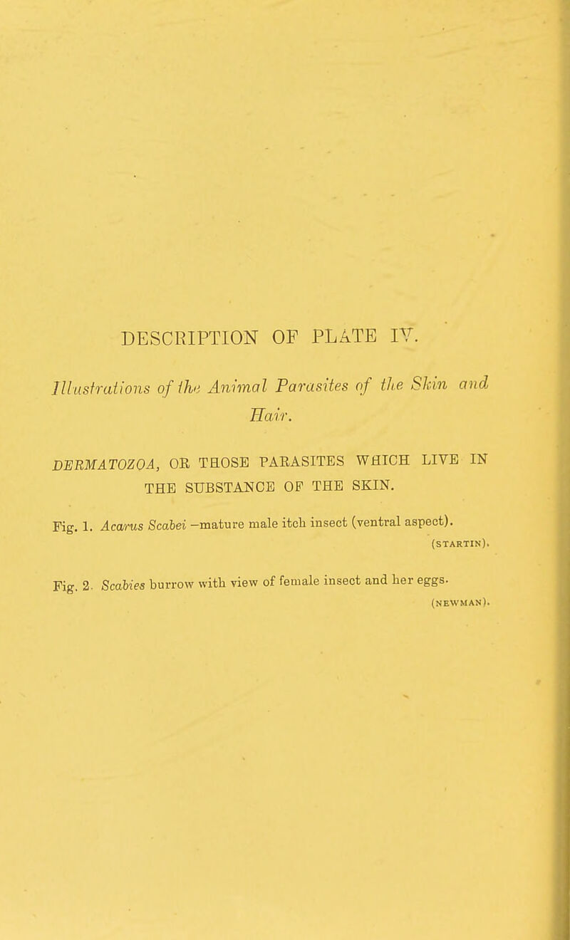 Illustrations of the Animal Parasites of the Skin and Hair. DEBMATOZOA, OR THOSE PARASITES WHICH LIVE IN THE SUBSTANCE OP THE SKIN. Pig. 1. Acarus Scabei -mature male itch insect (ventral aspect). (startin). Fig. 2. Scabies burrow with view of female insect and her eggs. (NEWMAN).