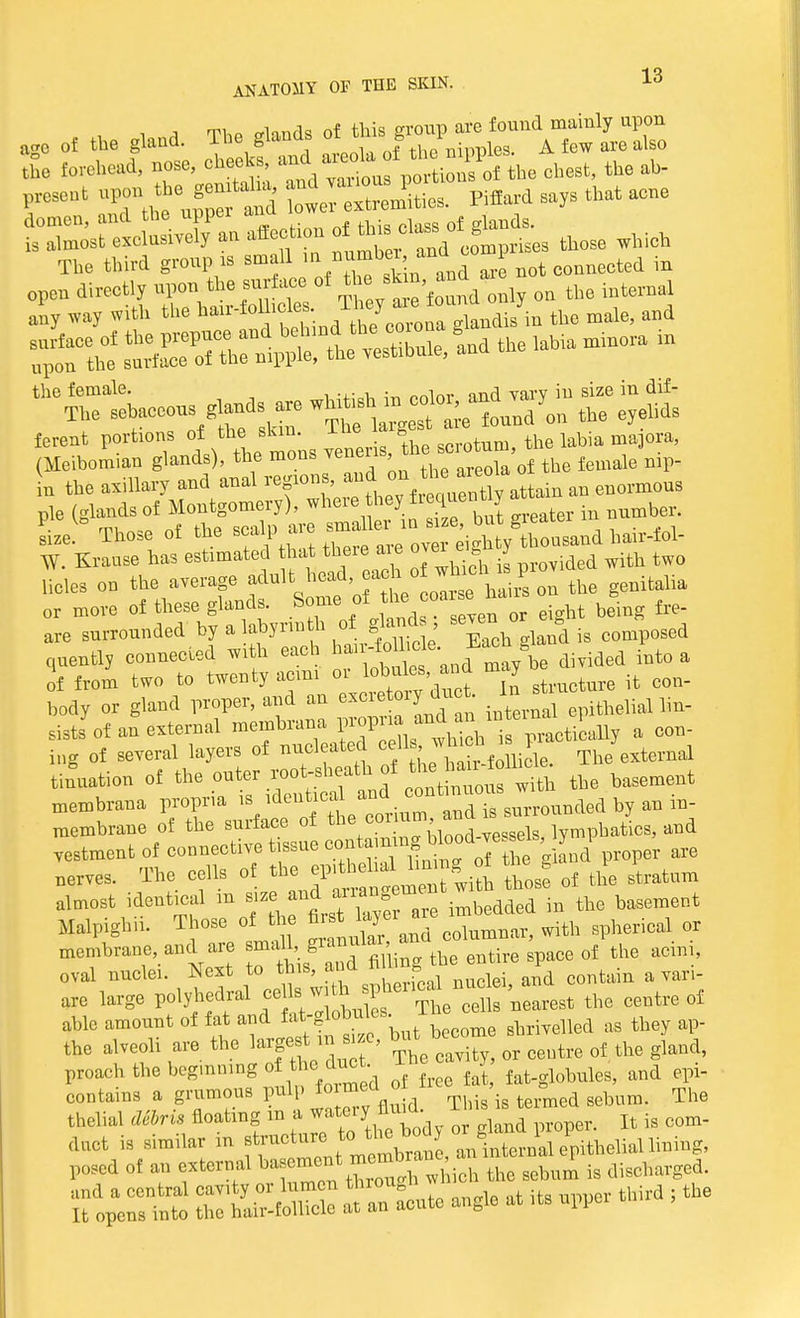 , i a ThP frlinds of this group are found mainly upon age of the gland. The glands 01 j i A few are also the forehead, nose, cheeks, and^axeolaof the mppl ^ ^ nt upon tbe ge^, pifiard says that acne SIS — of ^sc lasso f ghmd, ^ The third group is small in n and not counected in open directly ^e suri^of tta ^ on the eternal any way with the hair-foUicles. They arey ^ ferent portions ^^^^Z-u^itB^^ (Meibomian glands), the mons verier , female In the axillary and anal regi onsand on the aeola pie (glands of Montgomery), where hey gently a ^ Those of the scalp are ^»fl^^l?^.ll^. W. Krause has estimated that there aie ovei e g j ^ Holes on the average ad ult he ad, each o*hj Ixov ^ or more of these glands. Some fj^ ™^™ eight being fre- are surrounded by a labyrinth of glanto, sew o „ ^ quently connected with each baar^oUicle• § dkided into a of from two to twenty acmi or lobules ana may body or gland proper, and an ^ .^eliaUin- sists of an external membrana prop a an^ f^^ a con- ing of several layers of nucleated cell,^hich J Th/exterMi tinuation of the outer root-sheath; of ^J^T^ the basement membrana propria is identic^ ^ °on^^^^^^ membrane of the surface of the  ^ lymphatics, and vestment of connective tissue ^?^^^J proper are nerves. The cells of thos! of the stratum almost ident!cal m size and ^lian^7imbedded in the basement Malpighii. Those of the ™™ ^ herical or membrane, and are ^J^1^ the entire space of the acini, oval nuclei. Next to this, aua mu g contain a van- are large polyhedral f&^^^^L the centre of able amount of fat and J^™8 t become shriYelled as they ap- the alveoli are the largest in ««, rf ^ proaoh the beginning of the duet Thee J ^ ^ ^ oont«M a grumonspulpfomed This is termed sebum. The thelial AM floating m ajateryflmO. ft .g com_ duct is similar m ff^^^ne, an^internal epithelial lining, posed of an external *™*^^oh the sebum is discharged. S?£S£ SSSS: rfcute angle - its upper third ; the