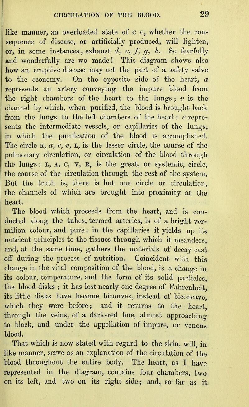 like manner, an overloaded state of c c, whether the con- sequence of disease, or artificially produced, will lighten, or, in some instances, exhaust d, e, f, g, Ji. So fearfully and wonderfully are we made! This diagram shows also how an eruptive disease may act the part of a safety valve to the economy. On the opposite side of the heart, a represents an artery conveying the impure blood from the right chambers of the heart to the lungs; v is the channel by which, when purified, the blood is brought back from the lungs to the left chambers of the heart: c repre- sents the intermediate vessels, or capillaries of the lungs, in which the purification of the blood is accomplished. The circle E, a, c, v, l, is the lesser circle, the course of the pulmonary circulation, or circulation of the blood through the lungs : L, a, c, V, E, is the great, or systemic, circle, the course of the circulation through the rest of the system. But the truth is, there is but one circle or circulation, the channels of which are brought into proximity at the heart. The blood which proceeds from the heart, and is con- ducted along the tubes, termed arteries, is of a bright ver- milion colour, and pure: in the capillaries it yields up its nutrient principles to the tissues through which it meanders, and, at the same time, gathers the materials of decay cast off during the process of nutrition. Coincident with this change in the vital composition of the blood, is a change in its colour, temperature, and the form of its solid particles, the blood disks ; it has lost nearly one degree of Fahrenheit, its little disks have become biconvex, instead of biconcave, which they were before; and it returns to the heart, through the veins, of a dark-red hue, almost approaching to black, and under the appellation of impure, or venous blood. That which is now stated with regard to the skin, will, in like manner, serve as an explanation of the circulation of the blood throughout the entire body. The heart, as I have represented in the diagram, contains four chambers, two on its left, and two on its right sidej and, so far as it