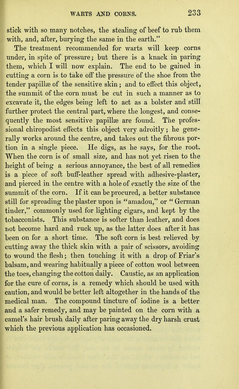 stick with so many notches, the stealing of beef to rub them with, and, after, burying the same in the earth. The treatment recommended for warts will keep corns under, in spite of pressure; but there is a knack in paring them, which I will now explain. The end to be gained in cutting a corn is to take off the pressure of the shoe from the tender papillae of the sensitive skin; and to effect this object, the summit of the corn must be cut in such a manner as to excavate it, the edges being left to act as a bolster and still further protect the central part, where the longest, and conse- quently the most sensitive papillse are found. The profes- sional chiropodist effects this object very adroitly ; he gene- rally works around the centre, and takes out the fibrous por- tion in a single piece. He digs, as he says, for the root. When the corn is of small size, and has not yet risen to the height of being a serious annoyance, the best of all remedies is a piece of soft buff-leather spread with adhesive-plaster, and pierced in the centre with a hole of exactly the size of the summit of the corn. If it can be procured, a better substance still for spreading the plaster upon is amadou, or  German tinder, commonly used for lighting cigars, and kept by the tobacconists. This substance is softer than leather, and does not become hard and ruck up, as the latter does after it has been on for a short time. The soft corn is best relieved by cutting away the thick skin with a pair of scissors, avoiding to wound the flesh; then touching it with a drop of Friar's balsam, and wearing habitually a piece of cotton wool between the toes, changing the cotton daily. Caustic, as an application for the cure of corns, is a remedy which should be used with caution, and would be better left altogether in the hands of the medical man. The compound tincture of iodine is a better and a safer remedy, and may be painted on the corn with a camel's hair brush daily after paring away the dry harsh crust which the previous application has occasioned.