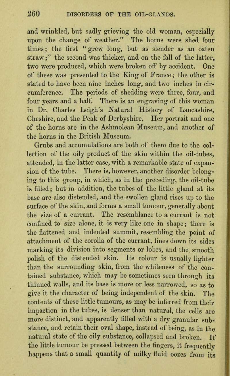 and wrinkled, but sadly grieving the old woman, especially upon the change of weather. The horns were shed four times; the first grew long, but as slender as an oaten strawthe second was thicker, and on the fall of the latter, two were produced, which were broken off by accident. One of these was presented to the King of France; the other is stated to have been nine inches long, and two inches in cir- cumference. The periods of shedding were three, four, and four years and a half. There is an engraving of this woman in Dr. Charles Leigh's Natural History of Lancashire, Cheshire, and the Peak of Derbyshire. Her portrait and one of the horns are in the Ashmolean Museum, and another of the horns in the British Museum. Grubs and accumulations are both of them due to the col- lection of the oily product of the skin within the oil-tubes, attended, in the latter case, with a remarkable state of expan- sion of the tube. There is, however, another disorder belong- ing to this group, in which, as in the preceding, the oil-tube is filled; but in addition, the tubes of the little gland at its base are also distended, and the swollen gland rises up to the surface of the skin, and forms a small tumour, generally about the size of a currant. The resemblance to a currant is not confined to size alone, it is very like one in shape; there is the flattened and indented summit, resembling the point of attachment of the corolla of the currant, lines down its sides marking its division into segments or lobes, and the, smooth polish of the distended skin. Its colour is usually lighter than the surrounding skin, from the whiteness of the con- tained substance, which may be sometimes seen through its thinned walls, and its base is more or less narrowed, so as to give it the character of being independent of the skin. The contents of these little tumours, as may be inferred from their impaction in the tubes, is denser than natural, the cells are more distinct, and apparently filled with a dry granular sub- stance, and retain their oval shape, instead of being, as in the natural state of the oily substance, collapsed and broken. If the little tumour be pressed between the fingers, it frequently happens that a small quantity of milky fluid oozes from its