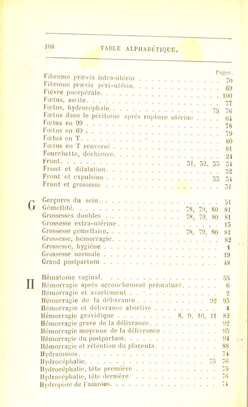 r-i . . Pages. Fibrome praevia intra-utérin 70 Fibrome praevia péri-utérin 69 Fièvre puerpérale ' )()(| Fœtus, ascite ^ Fœtus, hydrocéphale 75 76 Fœtus dans le péritoine après rupture utérine . . . 6i Fœtus en 99 7g Fœtus en 69 7g Fœtus en T • gg Fœlus en T renversé 81 Fourchette, déchirure tTml ' .' oi. 52, 33 51 Front et dilatation Front et expulsion 33 51 Front et grossesse 31 Gerçures du sein 51 Gémellité 78, 7;i, 80 81 Grossesses doubles 78, 79, 80 81 Grossesse extra-utérine 13 Grossesse gémellaire 78, 79, 80 81 Grossesse, hémorragie §2 Grossesse, hygiène 1 Grossesse normale 19 Grand poslpartum Hématome vaginal 55 Hémorragie après accouchement prématuré 6 Hémorragie et avortement 2 Hémorragie de la délivrance 9-2 93 Hémorragie et délivrance abortive i Hémorragie gravidique S, 9. lu, Il S 2 Hémorragie grave de la délivrance 92 Hémorragie moyenne de la délivrance 93 Hémorragie du poslpartum 9i Hémorragie et rétention du placenta 88 Hydramnios 7i Hydrocéphalie 75 7i> Hydrocéphalie, tèto première 75 Hydrocéphalie, tète dernière 76 Hydropisie de l'amnios 7i