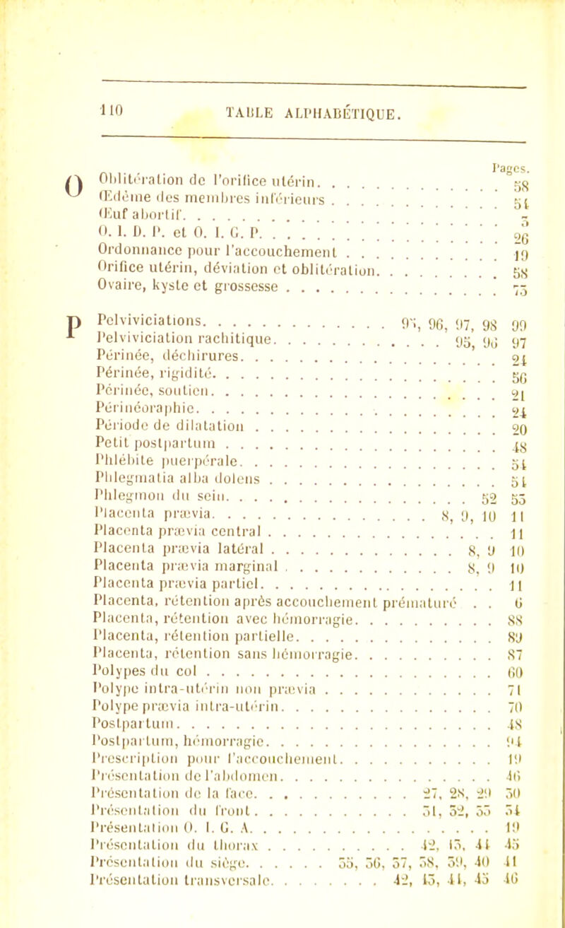 Oblitération de l'orifice utérin. . Œdème dos membres inférieurs . (Eufabortif 0. 1. D. P. et 0. I. G. P. . . 1 ' \ Ordonnance pour l'accouchement . . Orifice utérin, déviation et oblitération Ovaire, kyste et grossesse Pelviviciations 9ï 96 97 98 09 Pelviviciation rachitique 95' yg 117 Périnée, déchirures 9j Périnée, rigidité 50 Périnée, soutien gi Périnéoraphie Période de dilatation qq Petit postpartum Phlébite puerpérale 51 Phlegmatia alba dolens 5t Phlegmon du sein 50 55 Placenta pnevia 8 9 10 11 Placenta praevia central \\ Placenta pnevia latéral S, 9 III Placenta praevia marginal s, ;i 10 Placenta pnevia partiel 11 Placenta, rétention après accouchement prématuré . . 0 Placenta, rétention avec hémorragie SS Placenta, rétention partielle 8'J Placenta, rétention sans hémorragie 87 Polypes du col IÎ0 Polype intra-utérin non pnevia 71 Polype pnevia intra-utérin 70 Postpartum -ts Postpartum, hémorragie 94 Prescription pour l'accouchement 19 Présentation de l'abdomen 1G Présentation de la l'ace 27, 2*. 29 50 Présenta lion du Iront 51, 52, 55 51 Présentation O. I. G. A 19 Présentation du thorax 42, 13, -il 43 Présentation du siège 55, 56, 57, r.S. 59, -io 11 Présentation transversale 42, lô, 41, 4j lt> Pages. . 58 . 51 26 19 58