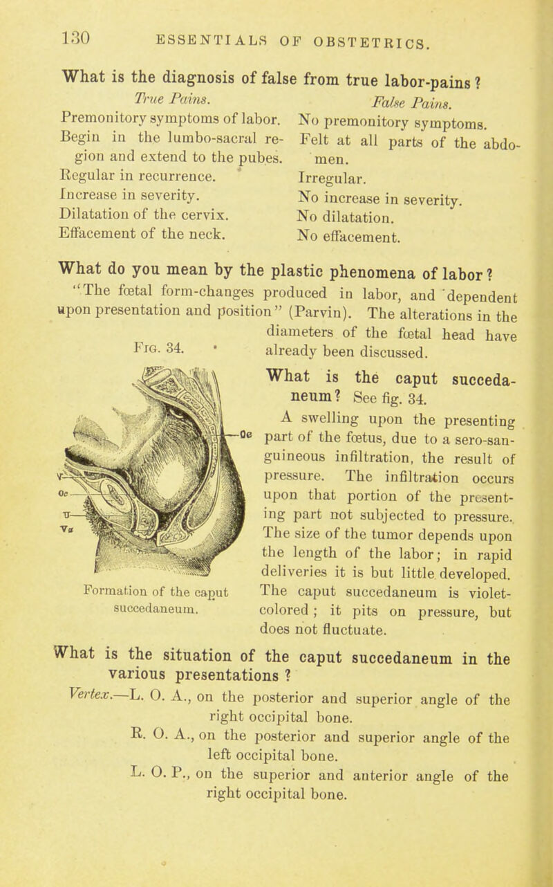 What is the diagnosis of false from true labor-pains ? True Pains. Premonitory symptoms of labor. Begin in the lumbo-sacral re- gion and extend to the pub.es. Regular in recurrence. Increase in severity. Dilatation of the cervix. Effacement of the neck. False Pains. No premonitory symptoms. Felt at all parts of the abdo- men. Irregular. No increase in severity. No dilatation. No effacement. Fig. 34. What do you mean by the plastic phenomena of labor ? The foetal form-changes produced in labor, and dependent upon presentation and position  (Parvin). The alterations in the diameters of the fcetal head have already been discussed. What is the caput succeda- neum? See fig. 34. A swelling upon the presenting part of the foetus, due to a sero-san- guineous infiltration, the result of pressure. The infiltration occurs upon that portion of the present- ing part not subjected to pressure. The size of the tumor depends upon the length of the labor; in rapid deliveries it is but little developed. The caput succedaneum is violet- colored ; it pits on pressure, but does not fluctuate. What is the situation of the caput succedaneum in the various presentations ? Vertex.—L. O. A., on the posterior and superior angle of the right occipital bone. R. O. A., on the posterior and superior angle of the left occipital bone. L. O. P., on the superior and anterior angle of the right occipital bone. Formation of the caput succedaneum.