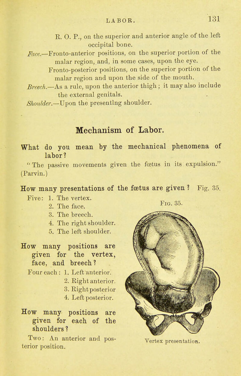 K. O. P., on the superior and anterior angle of the left occipital bone. ^face.—Fronto-anterior positions, on the superior portion of the malar region, and, in some cases, upon the eye. Fronto-posterior positions, on the superior portion of the malar region and upon the side of the mouth. Breech—As a rule, upon the anterior thigh; it may also include the external genitals. Shoulder.—Upon the presenting shoulder. Mechanism of Labor. Fig. 35. What do you mean by the mechanical phenomena of labor? The passive movements given the foetus in its expulsion. (Parvin.) How many presentations of the foetus are given ? Fig. 35. Five: 1. The vertex. 2. The face. 3. The breech. 4. The right shoulder. 5. The left shoulder. How many positions are given for the vertex, face, and breech? Four each: 1. Left anterior. 2. Right anterior. 3. Right posterior 4. Left posterior. How many positions are given for each of the shoulders ? Two: An anterior and pos- terior position. Vertex presentation.