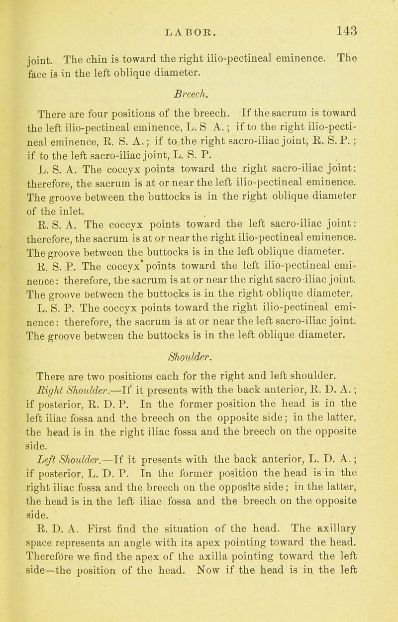 joint. The chin is toward the right ilio-pectineal eminence. The face is in the left oblique diameter. Breech. There are four positions of the breech. If the sacrum is toward the left ilio-pectineal eminence, L. S A.; if to the right ilio-pecti- neal eminence, E. S. A.; if to the right sacro-iliac joint, E. S. P.; if to the left sacro-iliac joint, L. S. P. L. S. A. The coccyx points toward the right sacro-iliac joint: therefore, the sacrum is at or near the left ilio-pectineal eminence. The groove between the buttocks is in the right oblique diameter of the inlet. E. S. A. The coccyx points toward the left sacro-iliac joint: therefore, the sacrum is at or near the right ilio-pectineal eminence. The groove between the buttocks is in the left oblique diameter. E. S. P. The coccyx' points toward the left ilio-pectineal emi- nence : therefore, the sacrum is at or near the right sacro-iliac joint. The groove between the buttocks is in the right oblique diameter. L. S. P. The coccyx points toward the right ilio-pectineal emi- nence : therefore, the sacrum is at or near the left sacro-iliac joint. The groove between the buttocks is in the left oblique diameter. Shoulder. There are two positions each for the right and left shoulder. Bight Shoulder.—If it presents with the back anterior, E. D. A.; if posterior, E. D. P. In the former position the head is in the left iliac fossa and the breech on the opposite side; in the latter, the head is in the right iliac fossa and the breech on the opposite side. Left Shoulder.—If it presents with the back anterior, L. D. A.; if posterior, L. D. P. In the former position the head is in the right iliac fossa and the breech on the opposite side; in the latter, the head is in the left iliac fossa and the breech on the opposite side. E. D. A. First find the situation of the head. The axillary space represents an angle with its apex pointing toward the head. Therefore we find the apex of the axilla pointing toward the left side—the position of the head. Now if the head is in the left