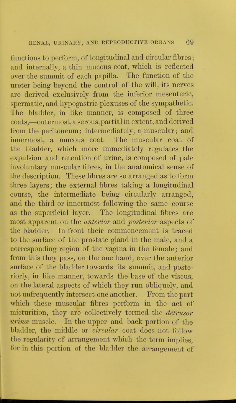 functions to perform, of longitudinal and circular fibres; and internally, a thin mucous coat, which is reflected over the summit of each papilla. The function of the m'eter being beyond the control of the will, its nerves are derived exclusively from the inferior mesenteric, spermatic, and hypogastric plexuses of the sympathetic. The bladder, in like manner, is composed of three coats,—outermost, a serous, partial in extent, and derived from the peritoneum; intermediately, a muscular; and innermost, a mucous coat. The muscular coat of the bladder, which more immediately regulates the expulsion and retention of urine, is composed of pale involuntary muscular fibres, in the anatomical sense of the description. These fibres are so arranged as to form three layers; the external fibres taking a longitudinal course, the intermediate being circularly arranged, and the third or innermost following the same course as the superficial layer. The longitudinal fibres are most apparent on the anterior and posterior aspects of the bladder. In front their commencement is traced to the surface of the prostate gland in the male, and a corresponding region of the vagina in the female; and from this they pass, on the one hand, over the anterior surface of the bladder towards its summit, and poste- riorly, in like manner, towards the base of the viscus, on the lateral aspects of which they run obliquely, and not unfrequently intersect one another. From the part which these muscular fibres perform in the act of micturition, they are collectively termed the detrusor urince muscle. In the upper and back portion of the bladder, the middle or circular coat does not follow the regularity of arrangement which the term implies, for in this portion of the bladder the arrangement of