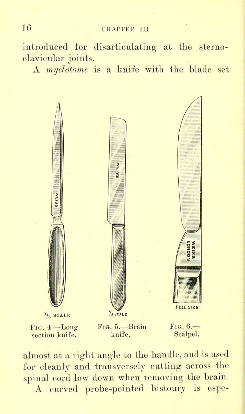 introduced for disarticulating at tlie sterno- clavicular joints. A myelotome is a knife with the blade set section knife. knife. Scalpel. almost at a right angle to the handle, and is used for cleanly and transversely cutting across the spinal cord low down when removing the brain. A curved probe-pointed bistoury is espe-