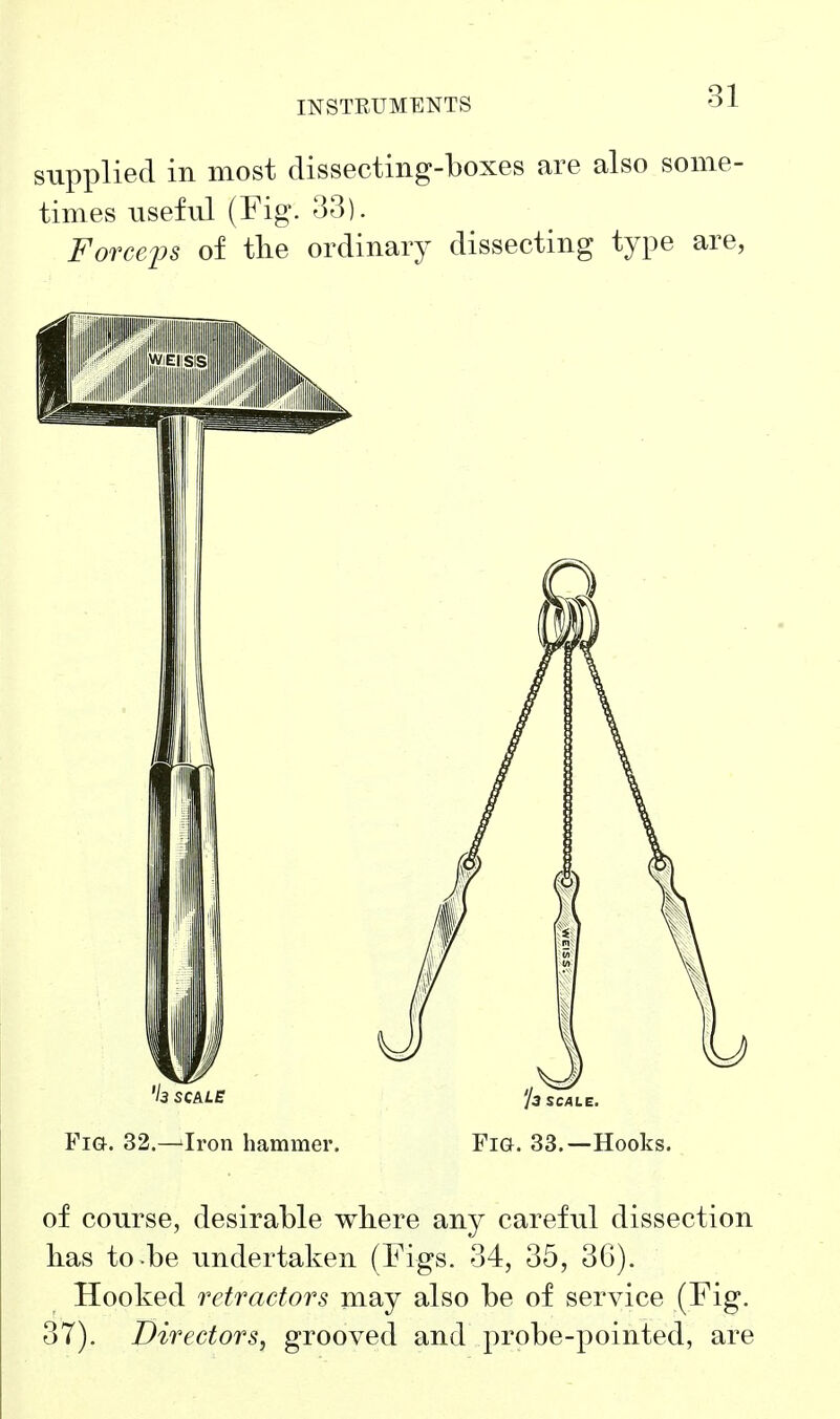 supplied in most dissecting-boxes are also some- times useful (Fig. 33). Fofce^s of tlie ordinary dissecting type are, Fig. 32.—Iron hammer. Fig. 33.—Hooks. of course, desirable where any careful dissection has to be undertaken (Figs. 34, 35, 36). Hooked retractors may also be of service (Fig. 37). Directors, grooved and probe-pointed, are