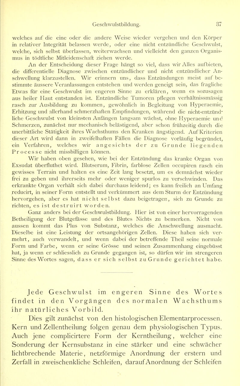 welches auf die eine oder die andere Weise wieder vergehen und den Körper in relativer hitegrität belassen werde, oder eine nicht entzündliche Geschwulst, welche, sich selbst überlassen, weiterwachsen und vielleicht den ganzen Organis- mus in tödtliche Mitleidenschaft ziehen werde. An der Entscheidung dieser Frage hängt so viel, dass wir Alles aufbieten, die difterentielle Diagnose zwischen entzündlicher und nicht entzündlicher An- schwellung klarzustellen. Wir erinnern uns, dass Entzündungen meist auf be- stimmte äussere Veranlassungen entstehen und werden geneigt sein, das fragliche Etwas für eine Geschwulst im engeren Sinne zu erklären, wenn es sozusagen aus heiler Haut entstanden ist. Entzündliche Tumoren pflegen verhältnissmässig rasch zur Ausbildung zu kommen, gewöhnlich in Begleitung von Hyperaemie, Erhitzung und allerhand schmerzhaften Empfindungen, während die nicht-entzünd- liche Geschwulst von kleinsten Anfängen langsam wächst, ohne Hyperaemie und Schmerzen, zunächst nur mechanisch belästigend, aber schon frühzeitig durch die unerbittliche Stätigkeit ihres Wachsthums den Kranken ängstigend. Auf Kriterien dieser Art wird dann in zweifelhaften Fällen die Diagnose vorläufig begründet, ein Verfahren, welches wir angesichts der zu Grunde liegenden Processe nicht missbilligen können. Wir haben oben gesehen, wie bei der Entzündung das kranke Organ von Exsudat überfluthet wird. Blutserum, Fibrin, farblose Zellen occupiren rasch ein gewisses Terrain und halten es eine Zeit lang besetzt, um es demnächst wieder frei zu geben und ihrerseits mehr oder weniger spurlos zu verschwinden. Das erkrankte Organ verhält sich dabei durchaus leidend; es kann freilich an Umfang reducirt, in seiner Form entstellt und verkümmert aus dem Sturm der Entzündung hervorgehen, aber es hat nicht selbst dazu beigetragen, sich zu Grunde zu richten, es ist destruirt worden. Ganz anders bei der Geschwulstbildung. Hier ist von einer hervorragenden Betheiligung der Blutgefässe und des Blutes Nichts zu bemerken. Nicht von aussen kommt das Plus von Substanz, welches die Anschwellung ausmacht. Dieselbe ist eine Leistung der ortsangehörigen Zellen. Diese haben sich ver- mehrt, auch verwandelt, und wenn dabei der betreffende Theil seine normale Form und Farbe, wenn er seine Grösse und seinen Zusammenhang eingebüsst hat, ja wenn er schliesslich zu Grunde gegangen ist, so dürfen wir im strengeren Sinne des Wortes sagen, dass er sich selbst zu Grunde gerichtet habe. Jede Geschwulst im engeren Sinne des Wortes findet in den Vorgängen des normalen Wachsthums ihr natürliches Vorbild. Dies gilt zunächst von den histologischen Elementarprocessen. Kern und Zellentheilung folgen genau dem physiologischen Typus. Auch jene complicirtere Form der Kerntheilung, welcher eine Sonderung der Kernsubstanz in eine stärker und eine schwächer lichtbrechende Materie, netzförmige Anordnung der erstem und Zerfall in zweischenldiche Schleifen, darauf Anordnung der Schleifen