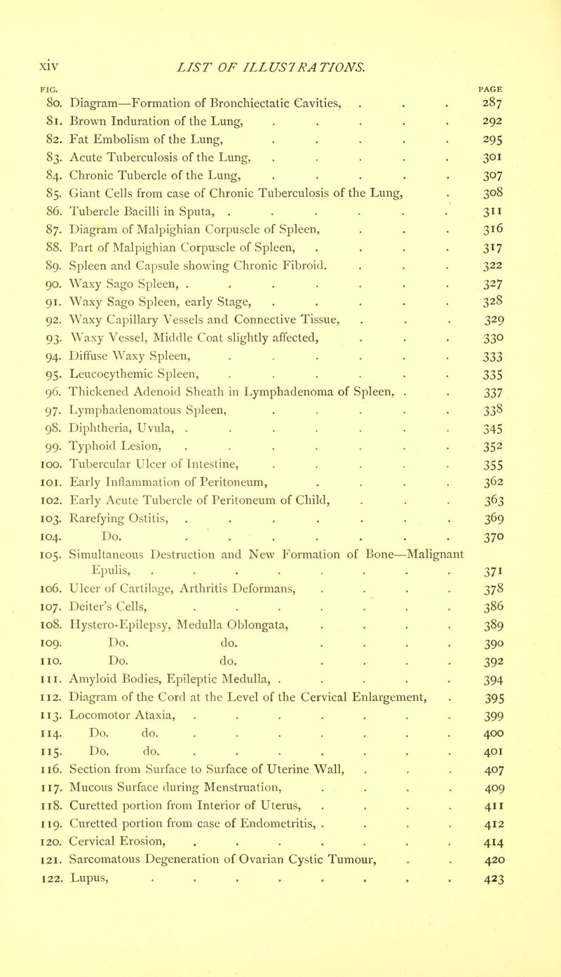 FIG. PAGE 80. Diagram—Formation of Bronchiectatic Cavities, . . . 287 81. Brown Induration of the Lung, ..... 292 82. Fat Embolism of the Lung, ..... 295 83. Acute Tuberculosis of the Lung, . . . . .301 84. Chronic Tubercle of the Lung, ..... 307 85. Giant Cells from case of Chronic Tuberculosis of the Lung, . 308 86. Tubercle Bacilli in Sputa, . . . . . . 311 87. Diagram of Malpighian Corpuscle of Spleen, . . . 316 88. Part of Malpighian Corpuscle of Spleen, . . . . 317 89. Spleen and Capsule showing Chronic Fibroid. . . . 322 90. Waxy Sago Spleen, ....... 327 91. Waxy Sago Spleen, early Stage, ..... 328 92. Waxy Capillary Vessels and Connective Tissue, . . . 329 93. Waxy Vessel, Middle Coat slightly affected, . . . 330 94. Diffuse Waxy Spleen, ...... 333 95. Leucocythemic Spleen, ...... 335 96. Thickened Adenoid Sheath in Lymphadenoma of Spleen, . . 337 97. Lymphadenomatous Spleen, ..... 338 98. Diphtheria, Uvula, ....... 345 99. Typhoid Lesion, . . . . . ■ • 352 100. Tubercular Ulcer of Intestine, ..... 355 101. Early Inflammation of Peritoneum, .... 362 102. Early Acute Tubercle of Peritoneum of Child, . . . 363 103. Rarefying Ostitis, . . . . . . . 369 104. Do. ....... 370 105. Simultaneous Destruction and New Formation of Bone—Malignant Epulis, ........ 371 106. Ulcer of Cartilage, Arthritis Deformans, .... 378 107. Deiter's Cells, ....... 386 108. Hystero-Epilepsy, Medulla Oblongata, .... 389 109. Do. do. .... 390 no. Do. do. .... 392 in. Amyloid Bodies, Epileptic Medulla, ..... 394 112. Diagram of the Cord at the Level of the Cervical Enlargement, . 395 113. Locomotor Ataxia, ....... 399 114. Do. do. ...... 400 115. Do. do. ...... 401 116. Section from Surface to Surface of Uterine Wall, . . . 407 117. Mucous Surface during Menstruation, . . . . 409 118. Curetted portion from Interior of Uterus, . . . .411 119. Curetted portion from case of Endometritis, . . . . 412 120. Cervical Erosion, ....... 414 121. Sarcomatous Degeneration of Ovarian Cystic Tumour, . . 420 122. Lupus, ........ 423