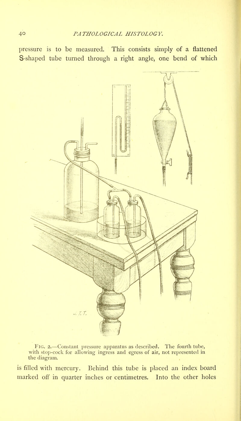 pressure is to be measured. This consists simply of a flattened S-shaped tube turned through a right angle, one bend of which Fig. 2.—Constant pressure apparatus as described. The fourth tube, with stop-cock for allowing ingress and egress of air, not represented in the diagram. is filled with mercury. Behind this tube is placed an index board marked off in quarter inches or centimetres. Into the other holes