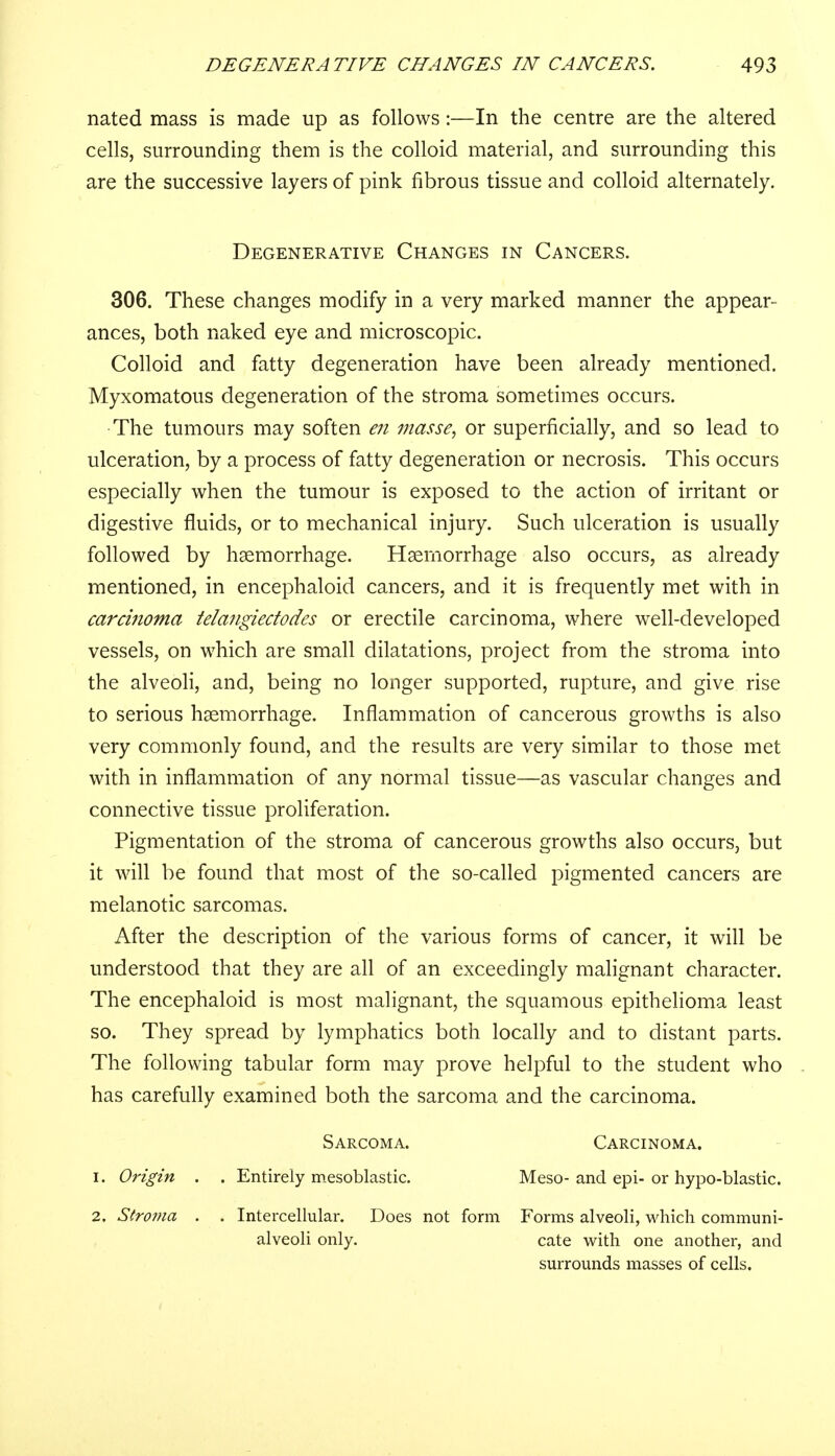 nated mass is made up as follows:—In the centre are the altered cells, surrounding them is the colloid material, and surrounding this are the successive layers of pink fibrous tissue and colloid alternately. Degenerative Changes in Cancers. 306. These changes modify in a very marked manner the appear- ances, both naked eye and microscopic. Colloid and fatty degeneration have been already mentioned. Myxomatous degeneration of the stroma sometimes occurs. ■The tumours may soften en masse, or superficially, and so lead to ulceration, by a process of fatty degeneration or necrosis. This occurs especially when the tumour is exposed to the action of irritant or digestive fluids, or to mechanical injury. Such ulceration is usually followed by haemorrhage. Haemorrhage also occurs, as already mentioned, in encephaloid cancers, and it is frequently met with in carcinoma telangiectodes or erectile carcinoma, where well-developed vessels, on which are small dilatations, project from the stroma into the alveoli, and, being no longer supported, rupture, and give rise to serious haemorrhage. Inflammation of cancerous growths is also very commonly found, and the results are very similar to those met with in inflammation of any normal tissue—as vascular changes and connective tissue proliferation. Pigmentation of the stroma of cancerous growths also occurs, but it will be found that most of the so-called pigmented cancers are melanotic sarcomas. After the description of the various forms of cancer, it will be understood that they are all of an exceedingly malignant character. The encephaloid is most malignant, the squamous epithelioma least so. They spread by lymphatics both locally and to distant parts. The following tabular form may prove helpful to the student who has carefully examined both the sarcoma and the carcinoma. Sarcoma. Carcinoma. 1. Origin . . Entirely mesoblastic. Meso- and epi- or hypo-blastic. 2. Stroma . . Intercellular. Does not form Forms alveoli, which communi- alveoli only. cate with one another, and surrounds masses of cells.