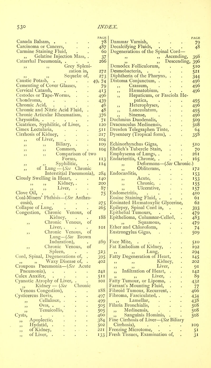 PAGE Canada Balsam, . . . . 78 Carcinoma or Cancers, . . 487 Carmine Staining Fluid, . . 60 ,, Gelatine Injection Mass, . 37 Catarrhal Pneumonia, . . . 266 ,, Grey Spleni- zation in, 272 ,, Sequelae of, 273 Caustic Potash, .... 49, 74 Cementing of Cover Glasses, . 79 Cervical Catarrh, . . . 413 Cestodes or Tape-Worms, . . 496 Chondroma, .... 439 Chromic Acid, .... 46 Chromic and Nitric Acid Fluid, . 48 Chronic Articular Rheumatism, . 376 Chrysoidin, . . . . . 71 Cicatrices, Syphilitic, of Liver, . 120 Cimex Lectularia, . . . 511 Cirrhosis of Kidney, . . . 217 ,, of Liver, . . . 104 ,, ,, Biliary, . . 109 ,, ,, Common, . 104 ,, ,, Comparison of two Forms, . 113 ,, ,, Syphilitic, . 114 ,, of Lung — (See Chronic Interstitial Pneumonia), 284 Cloudy Swelling in Heart, . . 140 ,, ,, Kidney, . . 200 ,, ,, Liver, . . 87 Clove Oil, 75 Coal-Miners' Phthisis—[See Anthra- cosis), 275 Collapse of Lung, . . . 265 Congestion, Chronic Venous, of Kidney, . . 188 ,, Chronic Venous, of Liver, . . . 101 ,, Chronic Venous, of Lung—(See Brown Induration), . 289 ,, Chronic Venous, of Spleen, _ . 323 Cord, Spinal, Degenerations of, . 395 ,, ,, Waxy Disease of, . 402 Croupous Pneumonia—(See Acute Pneumonia), .... 241 Culex Anxifer, . . . . 511 Cyanotic Atrophy of Liver, . . 101 ,, Kidney — (See Chronic Venous Congestion), . . 188 Cysticercus Bovis, . . . 497 ,, Cellulosse, . . . 499 Ovis, . . . . 505 „ Tenuicollis, . . 505 Cysts, 460 ,, Apoplectic, . . . 384 ,, Hydatid, .... 502 ,, of Kidney, . . - 221 of Liver, .... 133 PAGE Dammar Varnish, . . . 79 Decalcifying Fluids, ... 48 Degenerations of the Spinal Cord— ,, ,, Ascending, 398 ,, ,, j^ebceiiumg, ^yu Demodex Folliculorum, . . 510 Desmobacteria, . . . . 521 Diphtheria of the Pharynx, . . 344 Distoma Conjunctum, . . . 496 ,, Crassum, . . . 496 ,, Haematobium, . . 496 ,, Hepaticum, or Fasciola Ple- patica, . . . 495 ,, Heterophyses, . . 496 ,, Lanceolatum, . . 495 ,, Sinense, . . . 496 Dochmius Duodenalis, . . 509 Dracunculus Medinensis, . . 508 Dresden Telegraphen Tinte, . 64 Dysentery (Tropical form), . . 358 Echinorhynchus Gigas, . . 510 Ehrlich's Tubercle Stain, . . 70 Emphysema of Lungs, . . . 261 Endarteritis, Chronic, . . . 165 ,, Deformans—(See Chronic.) ,, Obliterans, . . 172 Endocarditis, . . . . 153 Acute, . . . 153 ,, Chronic, . . . 155 ,, Ulcerative, . . 157 Endometritis, . . . . 410 Eosine Staining Fluid, . . . 61 Eosinated Haematoxylic Glycerine, 62 Epilepsy, Spinal Cord in, . . 393 Epithelial Tumours, . . . 479 Epithelioma, Columnar-Celled, . 483 ,, Squamous, . . 479 Ether and Chloroform, . . 74 Eustrongylus Gigas, . . . 509 Face Mite, 510 Fat Embolism of Kidney, . . 192 ,, Lung, . . 294 Fatty Degeneration of Heart, . 145 ,, ,, Kidney, . 202 ,, ,, Liver, . 91 ,, Infiltration of Heart, . . 142 „ ,, Liver, . . 89 Fatty Tumour, or Lipoma, . . 432 Farrant's Mounting Fluid, . . 77 Fibroid Tumour, Recurrent, . 466 Fibroma, Fasciculated, . . . 434 ,, Lamellar, . . . 438 Filaria Bronchialis, . . . 508 ,, Medinensis, . . . 508 ,, Sanguinis Hominis, . . 508 Fine Cirrhosis of Liver—(See Biliary Cirrhosis), . . . . 109 Freezing Microtome, . . . 51 Fresh Tissues, Examination of, 31