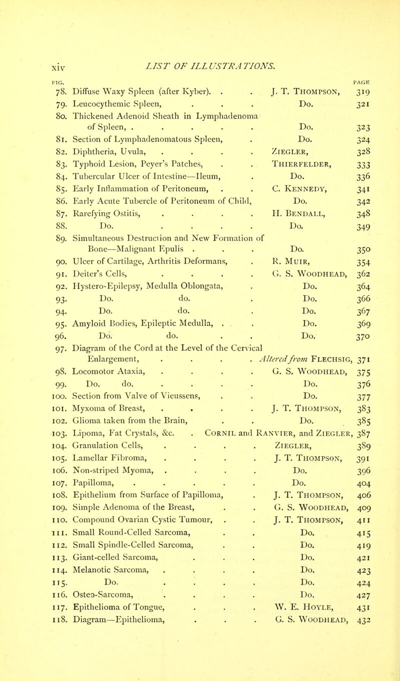 FIG. PAGE T^iATiica WJciw >nlf»pn friftf*ir Tv'^rl^^Ti JO. J^/lllUbC VV dAy oDlCCll ^tllLCI J\y UCI)% • • T T Twmvrpsrw 79. Leucocy themic Spleen, • • • UO. 321 80. Thickened Adenoid. Sheath in Lymphadenonia of Spleen, . Do. 32? 3 3 81. Section of Lymphadenomatous Spleen, Do. 324 3 ^ 82. Diphtheria, Uvula, .... Ziegler, 328 TPvnhniH T ptinn Ppvpt- T^ntcnpt; Thierfelder 111 333 -1 LI UCI CLLlcll Ul All ICollilC. J.1CH11I, • Do. 1lf\ OS« XLcil ly AilllcllillllciLLUll Ul X Cl llUllcUlIX, • • f1 TsT T7 V K T? n V V_y. XVUdN IN 1 , 341 86. Early Acute Tubercle of Peritoneum of Child, 342 5^*7 Rirpfvinrr Oc;1iti<5 T T ~R T? T\ A T T AA. l/JLlxl/ALLj iaR 34° 88. Do. Do. j4y Rn ^iTYinltnnpniiQ Dp^f mrl inn ann Npvv Fnrmitinn of Om. O111!tilLalltUU.O 17CoU Ul^UUIi li t VV A \Jl 1 HitI 1 \J 11 Ul Bone—Malignant ?>pulis . Do. 350 90. Ulcer of Cartilage, Arthritis Deformans, R. Muir, 3 54 91. Deiter's Cells, .... G. S. WOODHEAD, ^62 92. Hystero-Epilepsy, Medulla Oblongata, Do. 93. Do. do. Do. if\f% 300 94. Do. do. Do. 3U/ 95. Amyloid Bodies, Epileptic Medulla, . Do. 369 96. Do. do. Do. 37° 97. Diagram of the Cord at the Level of the Cervical Enlargement, . . . Altered from Flechsig, 371 31 *■ 98. Locomotor Ataxia, .... G. S. WOODHEAD, IT C 31 3 99. Do. do. ... Do. ^76 31^ 100. Section from Valve of Vieussens, Do. 377 101. Myxoma of Breast, .... J. T. Thompson, 383 102. Glioma taken from the Brain, Do. 38; 33 103. Lipoma, Fat Crystals, &c. . Cornil and Ranvier, and Ziegler, ^87 3UJ 104. Granulation Cells, .... Ziegler, 3iJy 105. Lamellar Fibroma, .... J. T. Thompson, ^QI 37 L 106. Non-striped Myoma, .... Do. 107. Papilloma, ..... Do. AOA T r 108. Epithelium from Surface of Papilloma, J. T. Thompson, 406 109. Simple Adenoma of the Breast, G. S. Woodhead, 409 no. Compound Ovarian Cystic Tumour, J. T. Thompson, 41 I in. Small Round-Celled Sarcoma, Do. 3 112. Small Spindle-Celled Sarcoma, Do. 419 113. Giant-celled Sarcoma, Do. 421 114. Melanotic Sarcoma, .... Do. 423 115. Do, .... Do. 424 116. Osteo-Sarcoma, .... Do. 427 117. Epithelioma of Tongue, W. E. Hoyle, 431 118. Diagram—Epithelioma, G. S. Woodhead, 432