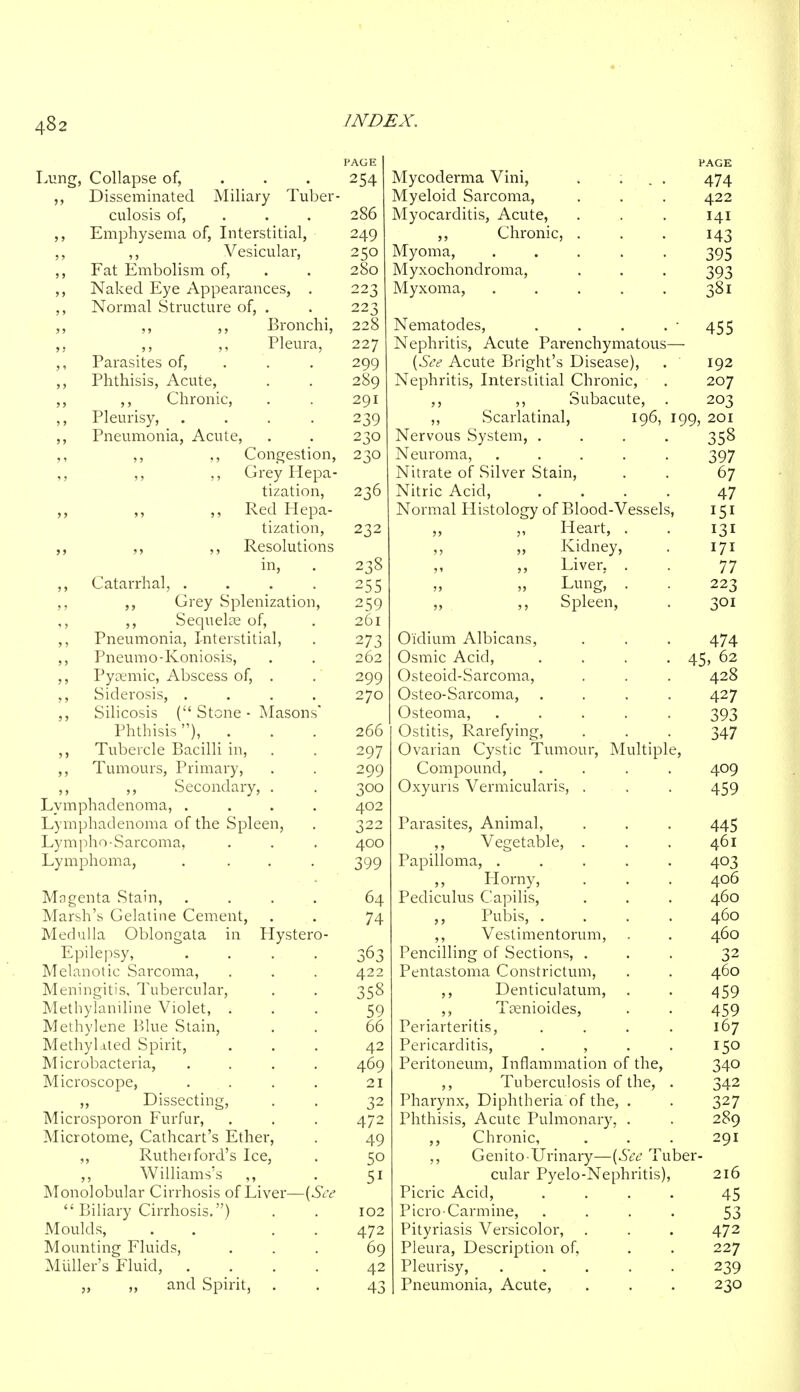 PAGE Lung, Collapse of, 254 Disseminated Miliary Tuber- culosis of, 286 ,, Emphysema of, Interstitial, 249 ,, ,, Vesicular, 250 ,, Fat Embolism of, . . 280 ,, Naked Eye Appearances, . 223 ,, Normal Structure of, . . 223 ,, ,, ,, Bronchi, 228 >> Pleura, 227 ,, Parasites of, 299 ,, Phthisis, Acute, . . 289 ,, ,, Chronic, . . 291 ,, Pleurisy, . . . . 239 ,, Pneumonia, Acute, . . 230 ,, ,, ,, Congestion, 230 ,, ,, ,, Grey Hepa- tization, 236 ,, ,, ,, Red Hepa- tization, 232 ,, ,, ,, Resolutions in, . 238 ,, Catarrhal, . . . . 255 ,, ,, Grey Splenization, 259 ,, ,, Sequelae of, . 261 ,, Pneumonia, Interstitial, . 273 ,, Pneumo-Koniosis, . . 262 ,, Pysemic, Abscess of, . . 299 ,, Siderosis, .... 270 ,, Silicosis ( Stone - Masons' Phthisis), ... 266 ,, Tubercle Bacilli in, . . 297 ,, Tumours, Primary, . . 299 ,, ,, Secondary, . . 300 Lymphadenoma, .... 402 Lymphadenoma of the Spleen, . 322 Lympho- Sarcoma, . . . 400 Lymphoma, .... 399 Mngenta Stain, .... 64 Marsh's Gelatine Cement, . . 74 Medulla Oblongata in Hystero- Epilepsy, .... 363 Melanotic Sarcoma, . . . 422 Meningitis, Tubercular, . . 358 Methylaniline Violet, ... 59 Methylene Blue Stain, . . 66 Methylated Spirit, ... 42 Microbacteria, .... 469 Microscope, . . . . 21 „ Dissecting, . . 32 Microsporon Furfur, . . . 472 Microtome, Cathcart's Ether, . 49 ,, Rutherford's Ice, . 50 ,, Williams's ,, . 51 Monolobular Cirrhosis of Liver—(See  Biliary Cirrhosis.) . . 102 Moulds, . . . 472 Mounting Fluids, ... 69 Muller's Fluid, .... 42 „ „ and Spirit, . . 43 PAGE Mycoderma Vini, . ... 474 Myeloid Sarcoma, . . . 422 Myocarditis, Acute, ... 141 ,, Chronic, . . . 143 Myoma, 395 Myxochondroma, . . . 393 Myxoma, 381 Nematodes, . . . . • 455 Nephritis, Acute Parenchymatous— (See Acute Bright's Disease), . 192 Nephritis, Interstitial Chronic, . 207 ,, ,, Subacute, . 203 ,, Scarlatinal, 196, 199, 201 Nervous System, .... 358 Neuroma, ..... 397 Nitrate of Silver Stain, . . 67 Nitric Acid, .... 47 Normal Histology of Blood-Vessels, 151 ,, ,, Heart, . . 131 ,, „ Kidney, . 171 „ ,, Liver. . . 77 Lung, . . 223 „ ,, Spleen, . 301 Oi'dium Albicans, . . . 474 Osmic Acid, . . . . 45, 62 Osteoid-Sarcoma, . . . 428 Osteo-Sarcoma, .... 427 Osteoma, ..... 393 Ostitis, Rarefying, . . . 347 Ovarian Cystic Tumour, Multiple, Compound, .... 409 Oxyuris Vermicularis, . . . 459 Parasites, Animal, . . . 445 ,, Vegetable, . . . 461 Papilloma, ..... 403 ,, Plorny, . . . 406 Pediculus Capilis, . . . 460 ,, Pubis, .... 460 ,, Vestimentorum, . . 460 Pencilling of Sections, ... 32 Pentastoma Constrictum, . . 460 ,, Denticulatum, . . 459 ,, Trenioides, . . 459 Periarteritis, . . . . 167 Pericarditis, . , . . 150 Peritoneum, Inflammation of the, 340 ,, Tuberculosis of the, . 342 Pharynx, Diphtheria of the, . . 327 Phthisis, Acute Pulmonary, . . 289 ,, Chronic, . . . 291 ,, Genito Urinary—(See Tuber- cular Pyelo-Nephritis), 216 Picric Acid, .... 45 PicroCarmine, .... 53 Pityriasis Versicolor, . . . 472 Pleura, Description of, . . 227 Pleurisy, ..... 239 Pneumonia, Acute, . . . 230