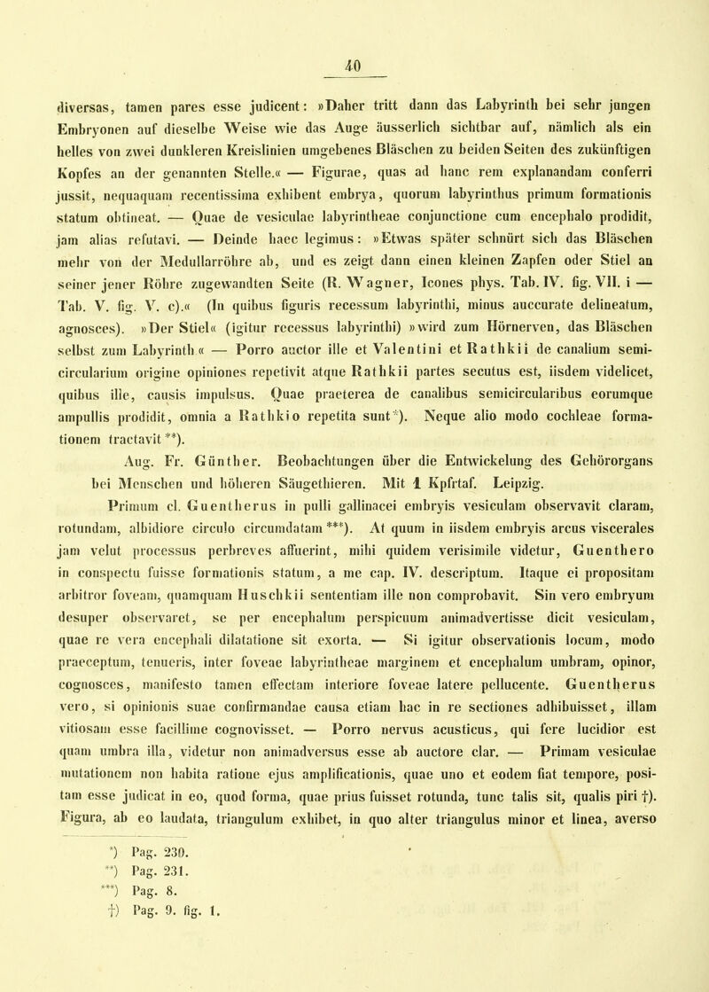 diversas, tamen pares esse judicent: «Daher tritt dann das Labyrinth bei sehr jungen Embryonen auf dieselbe Weise wie das Auge ausserlich siehtbar auf, namlich als ein helles von zvvei dunkleren Kreislinien umgebenes Blaschen zu beiden Seiten des zukiinftigen Kopfes an der genannten Stelle.« — Figurae, quas ad hanc rem explanandam conferri jussit, nequaquam recentissima exhibent embrya, quorum labyrinthus primum formationis statum obtineat, — Ouae de vesiculae labyrintheae conjunctione cum encephalo prodidit, jam alias refutavi. — Deinde haec legimus: «Etvi^as spater schniirt sich das Blaschen mehr von der Medullarrohre ab, und es zeigt dann einen kleinen Zapfen oder Stiel an seiner jener Rohre zugewandten Seite (R. Wagner, Icones phys, Tab, IV, fig. VII, i — Tab. V, fig. V, c).« (In quibus liguris recessum labyrinthi, minus auccurate delineatum, agnosces). ))Der Stiel« (igitur rccessus labyrinthi) »wird zum Hornerven, das Blaschen selbst zum Labyrinth « — Porro auctor ille et Valentini etRathkii de canaUum semi- circulariuni origine opiniones repetivit atque Rathkii partes secutus est, iisdem videlicet, quibus ihe, causis impulsus, Ouae praeterea de canalibus semicircularibus eorumque ampulhs prodidit, omnia a Rathkio repetita sunt). Neque alio modo cochleae forma- tionem tractavit **). Aug. Fr. Giinther. Beobachtungen iiber die Entv\ickelung des Gehororgans bei Mcnschen und hoheren Saugethieren. Mit 1 Kpfrtaf. Leipzig. Primum cl. Guentherus in pulli gallinacei embryis vesiculam observavit claram, rotundam, albidiore circulo circumdatam ***). At quuni in iisdem embryis arcus viscerales jam velut processus perbreves affuerint, mihi quidem verisimile videtur, Guenthero in conspectu fuisse formationis statum, a me cap. IV. descriptum. Itaque ei propositam arbitror foveam, quamquam Huschkii sententiam ille non comprobavit. Sin vero embryum desuper observaret, se per encephalum perspicuum animadvertisse dicit vesiculam, quae re vera encephali dilatatione sit exorta. — Si igitur observationis locum, modo praeceptum, tenueris, inter foveae labyrintheae marginem et encephalum umbram, opinor, cognosccs, manifesto tamen effectam interiore foveae latere pellucente. Guentherus vero, si opinionis suae confirmandae causa etiam hac in re sectiones adhibuisset, illam vitiosain esse facillime cognovisset. — Porro nervus acusticus, qui fere lucidior est quam urabra illa, videtur non aniniadversus esse ab auctore clar. — Primam vesiculae niutationcm non habita ratione ejus amplificationis, quae uno et eodem fiat tenipore, posi- tam esse judicat in eo, quod forma, quae prius fuisset rotunda, tunc talis sit, qualis piri f). Figura, ab eo laudata, triangulum exhibet, in quo alter triangulus minor et linea, averso *) Pag. 230. **) Pag. 231. n Pag. 8.