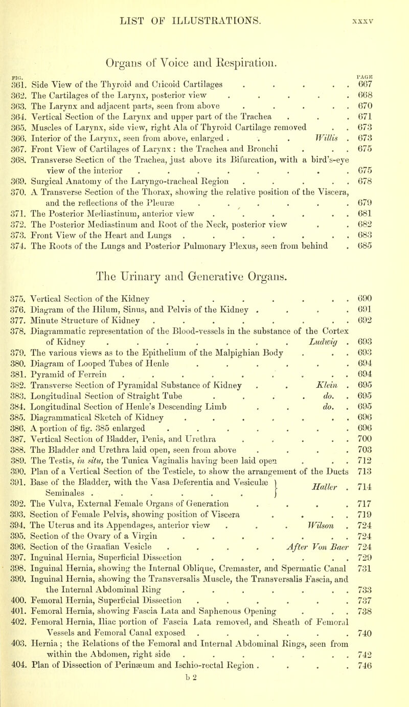 Organs of Voice and Respiration. FIG. PAGE 361. Side View of the Thyroid and Cricoid Cartilages . . . . . 667 362. The Cartilages of the Larynx, posterior view ..... 668 863. The Larynx and adjacent parts, seen from above . . . . . 670 364. Vertical Section of the Larynx and upper part of the Trachea . . . 671 365. Muscles of Larynx, side view, right Ala of Thyroid Cartilage removed . . 673 366. Interior of the Larynx, seen from above, enlarged . . . Willis . 673 367. Front View of Cartilages of Larynx : the Trachea and Bronchi . . . 675 368. Transverse Section of the Trachea, just above its Bifurcation, with a bird's-eye view of the interior ........ 675 369. Surgical Anatomy of the Laryngotracheal Region . . . . . 678 370. A Transverse Section of the Thorax, showing the relative position of the Viscera, and the reflections of the Pleurae ...... 679 371. The Posterior Mediastinum, anterior view . . . . . 681 372. The Posterior Mediastinum and Root of the Neck, posterior view . . 682 373. Front View of the Heart and Lungs . . . . . . . 683 374. The Roots of the Lungs and Posterior Pulmonary Plexus, seen from behind . 685 The Urinary and Generative Organs. . . 690 . 691 . . 692 the Cortex Luclwig . 693 . . 693 . 694 . . 694 Klein . 695 do. . 695 do. . 695 . . 696 . 696 . . 700 . 703 . . 712 375. Vertical Section of the Kidney .... 376. Diagram of the Ililum, Sinus, and Pelvis of the Kidney . 377. Minute Structure of Kidney ..... 378. Diagrammatic representation of the Blood-vessels in the substance of of Kidney ....... 379. The various views as to the Epithelium of the Malpighian Body 380. Diagram of Looped Tubes of Henle .... 381. Pyramid of Ferrein ...... 382. Transverse Section of Pyramidal Substance of Kidney 383. Longitudinal Section of Straight Tube 384. Longitudinal Section of Henle's Descending Limb 385. Diagrammatical Sketch of Kidney . 386. A portion of fig. 385 enlarged ..... 387. Vertical Section of Bladder, Penis, and Urethra 388. The Bladder and Urethra laid open, seen from above 389. The Testis, in situ, the Tunica Vaginalis having been laid open 390. Plan of a Vertical Section of the Testicle, to show the arrangement of the Ducts 713 391. Base of the Bladder, with the Vasa Deferentia and Vesicular Seminales ... ... 392. The Vulva, External Female Organs of Generation .... 717 393. Section of Female Pelvis, showing position of Viscera . . . 719 394. The Uterus and its Appendages, anterior view . . . Wilson . 724 395. Section of the Ovary of a Virgin . . . . . . 724 396. Section of the Graafian Vesicle .... After Von Baer 724 397. Inguinal Hernia, Superficial Dissection . . . . . 729 398. Inguinal Hernia, showing the Internal Oblique, Cremaster, and Spermatic Canal 731 399. Inguinal Hernia, showing the Transversalis Muscle, the Transversalis Fascia, and the Internal Abdominal Ring . . . . . . 733 400. Femoral Hernia, Superficial Dissection ...... 737 401. Femoral Hernia, showing Fascia Lata and Saphenous Opening . . . 738 402. Femoral Flernia, Iliac portion of Fascia Lata removed, and Sheath of Femoral Vessels and Femoral Canal exposed ...... 740 403. Hernia ; the Relations of the Femoral and Internal Abdominal Rings, seen from within the Abdomen, right side . . . . . . 742 404. Plan of Dissection of Perinseum and Ischio-rectal Region .... 746 b 2 Ilaller . 714