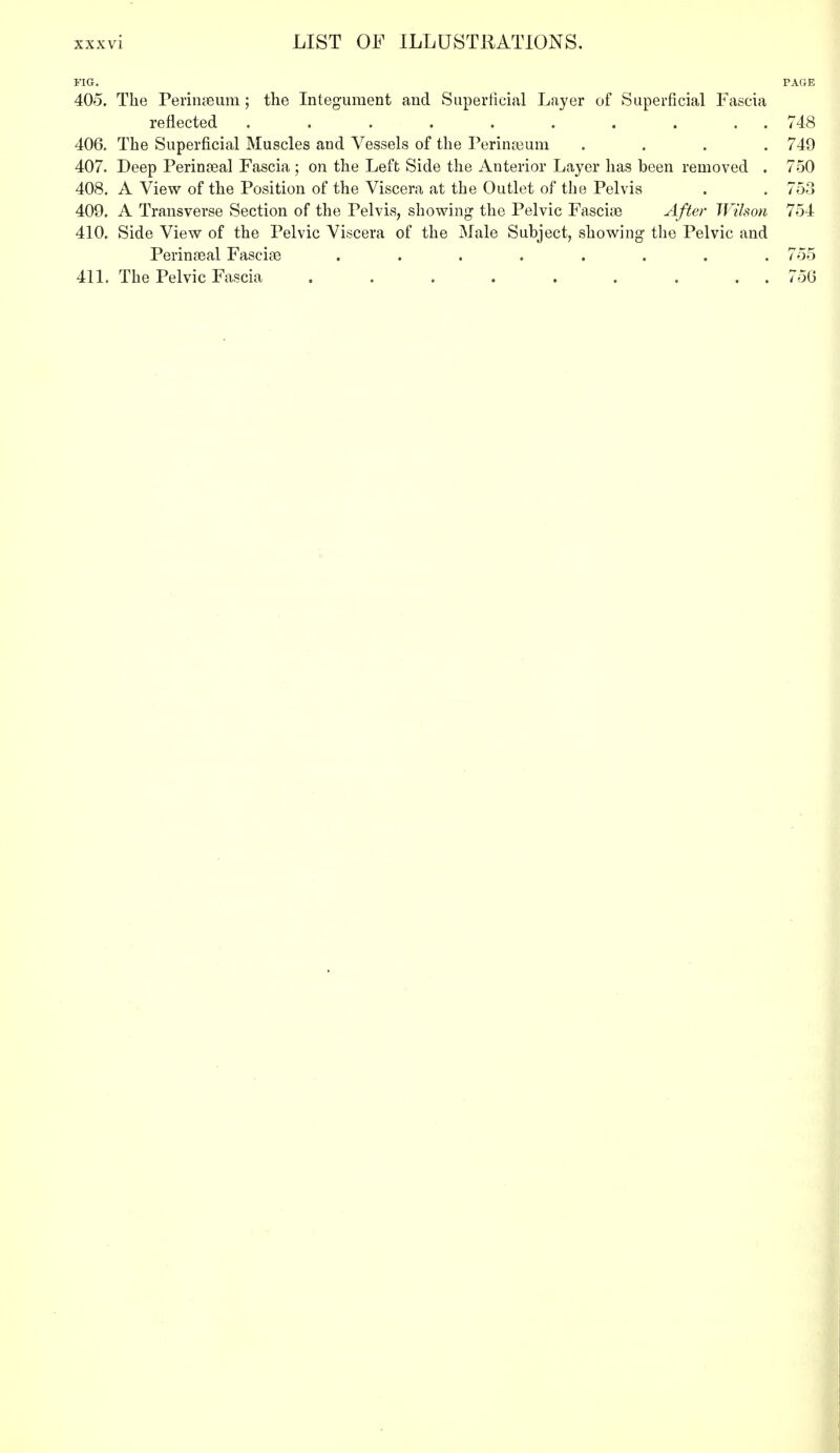 FIG. PAGE 405. The Perinseum; the Integument and Superficial Layer of Superficial Fascia reflected . . . . . . . . . 748 406. The Superficial Muscles and Vessels of the Perimeum . . . .749 407. Deep Perineal Fascia ; on the Left Side the Anterior Layer has been removed . 750 408. A View of the Position of the Viscera at the Outlet of the Pelvis . . 753 409. A Transverse Section of the Pelvis, showing the Pelvic Fasciae After Wilson 754 410. Side View of the Pelvic Viscera of the Male Subject, showing the Pelvic and Perinseal Fasciae ........ 755 411. The Pelvic Fascia ......... 750