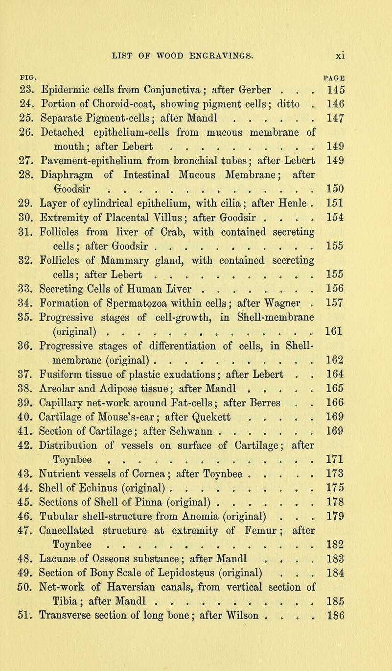 FIG, PAGE 23. Epidermic cells from Conjunctiva; after Grerber . . . 145 24. Portion of Choroid-coat, showing pigment cells; ditto . 146 25. Separate Pigment-cells; after Mandl 147 26. Detached epithelium-cells from mucous membrane of mouth; after Lebert 149 27. Pavement-epithelium from bronchial tubes; after Lebert 149 28. Diaphragm of Intestinal Mucous Membrane; after Goodsir 150 29. Layer of cylindrical epithelium, with cilia; after Henle . 151 30. Extremity of Placental Villus; after Good sir .... 154 31. Follicles from liver of Crab, with contained secreting cells; after Goodsir 155 32. Follicles of Mammary gland, with contained secreting cells; after Lebert 155 33. Secreting Cells of Human Liver 156 34. Formation of Spermatozoa within cells; after Wagner . 157 35. Progressive stages of cell-growth, in Shell-membrane (original) 161 36. Progressive stages of differentiation of cells, in Shell- membrane (original) 162 37. Fusiform tissue of plastic exudations; after Lebert . . 164 38. Areolar and Adipose tissue; after Mandl 165 39. Capillary net-work around Fat-cells; after Berres . . 166 40. Cartilage of Mouse's-ear; after Quekett 169 41. Section of Cartilage; after Schwann 169 42. Distribution of vessels on surface of Cartilage; after Toynbee 171 43. Nutrient vessels of Cornea; after Toynbee 173 44. Shell of Echinus (original) 175 45. Sections of Shell of Pinna (original) 178 46. Tubular shell-structure from Anomia (original) . . . 179 47. Cancellated structure at extremity of Femur; after Toynbee 182 48. Lacunae of Osseous substance; after Mandl .... 183 49. Section of Bony Scale of Lepidosteus (original) . . . 184 50. Net-work of Haversian canals, from vertical section of Tibia; after Mandl 185 51. Transverse section of long bone; after Wilson . . . . 186