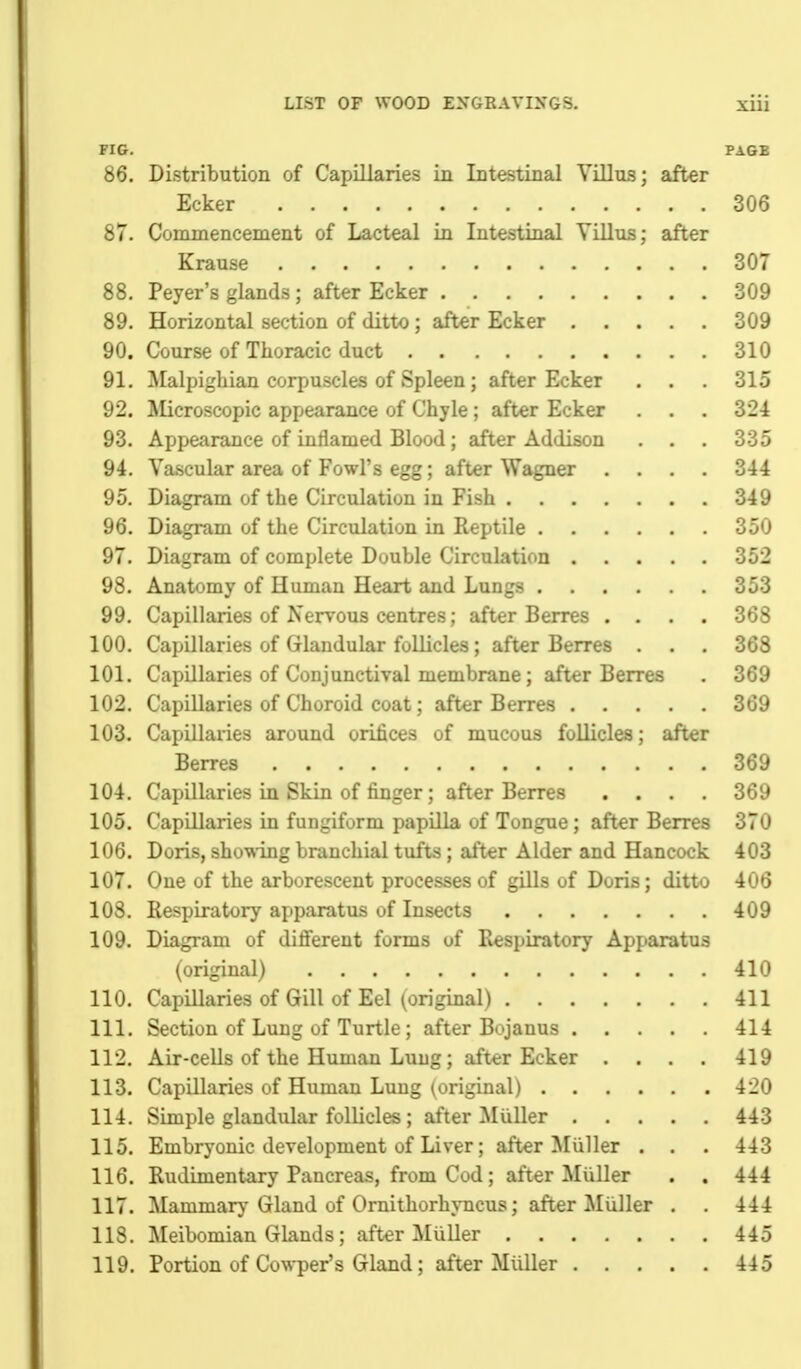 FIG. PAGE 86. Distribution of Capillaries in Intestinal Villus; aft^r Ecker 306 87. Commencement of Lacteal in Intestinal Villus; after Krause 307 88. Peyer's glands; after Ecker 309 89. Horizontal section of ditto; after Ecker 309 90. Course of Thoracic duct 310 91. Malpigbian corpuscles of Spleen; after Ecker . . . 315 92. Microscopic appearance of Chyle; after Ecker . . . 324 93. Appearance of inflamed Blood; after Addison . . . 335 94. Vascular area of Fowl's egg; after Wagner .... 344 95. Diagram of the Circulation in Fish 349 96. Diagram of the Circulation in Reptile 350 97. Diagram of complete Double Circulation 352 98. Anatomy of Human Heart and Lungs 353 99. Capillaries of Nervous centres; after Berres .... 368 100. Capillaries of Glandular follicles; after Berres ... 368 101. Capillaries of Conjunctival membrane; after Berres . 369 102. Capillaries of Choroid coat; after Berres 369 103. Capillaries around orifices of mucous follicles; after Berres 369 104. Capillaries in Skin of finger; after Berres .... 369 105. Capillaries in fungiform papilla of Tongue; after Berres 370 106. Doris, showing branchial tufts; after Alder and Hancock 403 107. One of the arborescent processes of gills of Doris; ditto 406 108. Respiratory apparatus of Insects 409 109. Diagram of difi'erent forms of Respiratory Apparatus (original) 410 110. Capillaries of Gill of Eel (original) 411 111. Section of Lung of Turtle; after Bojanus 414 112. Air-cells of the Human Lung; after Ecker .... 419 113. Capillaries of Human Lung (original) 420 114. Simple glandular follicles; after ^liiller 443 115. Embryonic development of Liver; after ^liiller . . . 443 116. Rudimentary Pancreas, from Cod; after Miiller . . 444 117. Mammarj-Gland of Ornithorhyncus; after Miiller . . 444 118. Meibomian Glands; after Miiller 445 119. Portion of Cowper's Gland; after Miiller 445
