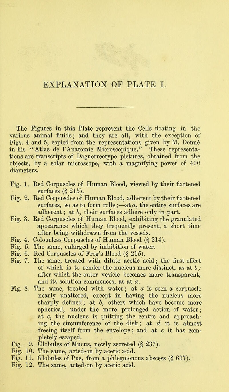 The Figures in this Plate represent the Cells floating in the various animal fluids; and they are all, with the exception of Figs. 4 and 5, copied from the representations given by M. Donne in his Atlas de I'Anatomie Microscopique. These representa- tions are transcripts of Daguerreotype pictures, obtained from the objects, by a solar microscope, with a magnifying power of 400 diameters. Fig. 1. Eed Corpuscles of Human Blood, viewed by their flattened surfaces (§ 215). Fig. 2. Red Corpuscles of Human Blood, adherent by their flattened surfaces, so as to form rolls;—at a, the entire surfaces are adherent; at &, their surfaces adhere only in part. Fig. 3. Red Corpuscles of Human Blood, exhibiting the granulated appearance which they frequently present, a short time after being withdrawn from the vessels. Fig. 4. Colourless Corpuscles of Human Blood (§ 214). Fig. 5. The same, enlarged by imbibition of water. Fig. 6. Red Corpuscles of Frog's Blood (§ 215). Fig. 7. The same, treated with dilute acetic acid; the first effect of which is to render the nucleus more distinct, as at b; after which the outer vesicle becomes more transparent, and its solution commences, as at a. Fig. 8. The same, treated with water; at a is seen a corpuscle nearly unaltered, except in having the nucleus more sharply defined; at 6, others which have become more spherical, under the more prolonged action of water; at c, the nucleus is quitting the centre and approach- ing the circumference of the disk; at d it is almost freeing itself from the envelope; and at e it has com- pletely escaped. Fig. 9. Grlobules of Mucus, newly secreted (§ 237). Fig. 10. The same, acted-on by acetic acid. Fig. 11. Grlobules of Pus, from a phlegmonous abscess (§ 637). Fig. 12. The same, acted-on by acetic acid.