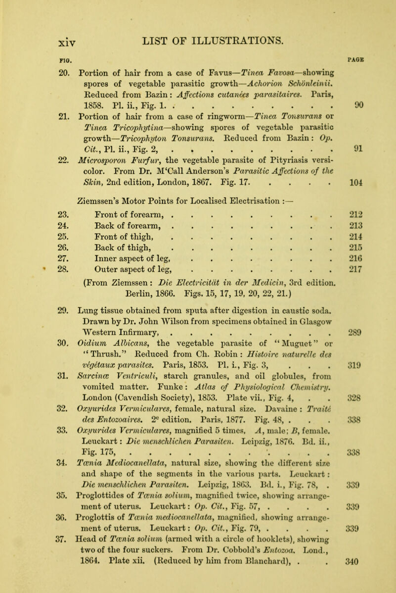 FIG. PAGE 20. Portion of hair from a case of Favus—Tinea Favosa—showing spores of vegetable parasitic growth—Achorion Schbnleinii. Reduced from Bazin: Affections cutanecs parasitaires. Paris, 1858. PI. ii., Fig. 1 90 21. Portion of hair from a case of ringworm—Tinea Tonsurans or Tinea Tricophytina—showing spores of vegetable parasitic growth—Tricophyton Tonsurans. Reduced from Bazin: Op. Cit, PI. ii., Fig. 2, 91 22. Microsporon Furfur, the vegetable parasite of Pityriasis versi- color. From Dr. M'Call Anderson's Parasitic Affections of the Skin, 2nd edition, London, 1867. Fig. 17 104 Ziemssen's Motor Points for Localised Electrisation :— 23. Front of forearm, 212 24. Back of forearm, 213 25. Front of thigh, 214 26. Back of thigh, 215 27. Inner aspect of leg, 216 28. Outer aspect of leg, 217 (From Ziemssen: Die Electricitcit in der Medicin, 3rd edition. Berlin, 1866. Figs. 15, 17, 19, 20, 22, 21.) 29. Lung tissue obtained from sputa after digestion in caustic soda. Drawn by Dr. John Wilson from specimens obtained in Glasgow Western Infirmary 30. Oidium Albicans, the vegetable parasite of Magnet or Thrush. Reduced from Ch. Robin: Histoirc naturcllc des vigetaux parasites. Paris, 1853. PI, i., Fig. 3, 31. Sarcina: Ventriculi, starch granules, and oil globules, from vomited matter. Funke: Atlas of Physiological Chemistry. London (Cavendish Society), 1853. Plate vii., Fig. 4, 32. Oxyuridcs Veiiniculares, female, natural size. Davaine: Trait des Entozoaires. 2e edition. Paris, 1877. Fig. 48, . 33. Oxyuridcs Vcrmiculares, magnified 5 times, A, male; B, female. Leuckart: Die mcnschlichcn Parasiten. Leipzig, 1876. Bd, ii., Fig. 175, 34. Tainia Mcdiocancllata, natural size, showing the different sin and shape of the segments in the various parte. Lenokarl ! Die mcnschlichcn Parasiten. Leipzig, L863. Bd, i., Pig, 7s. . 35. Proglottides of Taenia solium, magnified twice, showing arrange- ment of uterus. Lenokart: Op. Cit., Fig. 57, .... 36. Proglottis of Tania mcdiocancllata, magnified, showing arrange- ment of uterus. Leuckart: Op. Cit., Fig. 79( .... 37. Head of Tcvnia solium (armed with a circle of booklets), showing two of the four suckers. From Dr. Cobbold's Entozoa. Lond., 1864. Plate xii. (Reduced by him from Blanchard), . 2S9 319 328 338 338 339 339 339 340