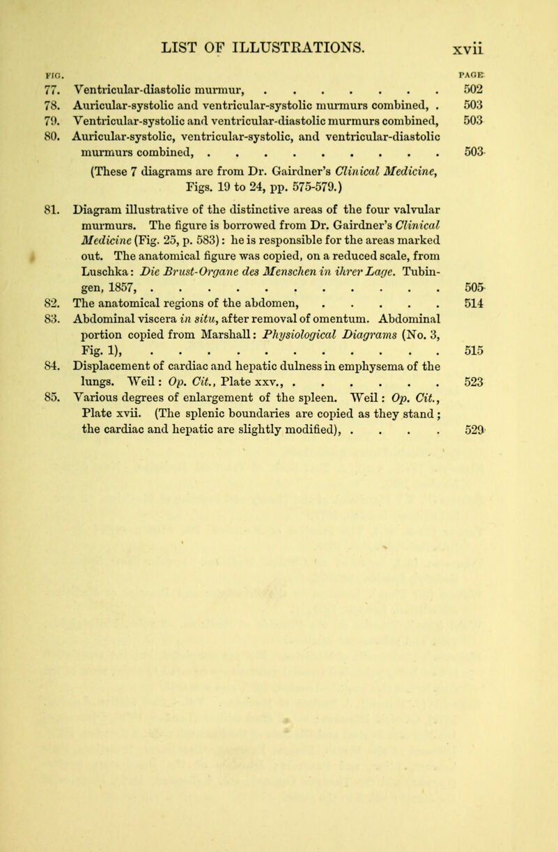WO. PAGE 77. Ventricular-diastolic murmur, 502 78. Auricular-systolic and ventricular-systolic murmurs combined, . 503 79. Ventricular-systolic and ventricular-diastolic murmurs combined, 503 80. Auricular-systolic, ventricular-systolic, and ventricular-diastolic murmurs combined, 503- (These 7 diagrams are from Dr. Gairdner's Clinical Medicine, Figs. 19 to 24, pp. 575-579.) 81. Diagram illustrative of the distinctive areas of the four valvular murmurs. The figure is borrowed from Dr. Gairdner's Clinical Medicine (Fig. 25, p. 583): he is responsible for the areas marked out. The anatomical figure was copied, on a reduced scale, from Luschka: Die Brust-Organe des Menschen in Hirer Lage. Tubin- gen, 1857, 505 82. The anatomical regions of the abdomen, 514 83. Abdominal viscera in situ, after removal of omentum. Abdominal portion copied from Marshall: Physiological Diagrams (No. 3, Fig. 1), 515 84. Displacement of cardiac and hepatic dulness in emphysema of the lungs. Weil: Op. Gib., Platexxv., 523 85. Various degrees of enlargement of the spleen. Weil: Op. Cit., Plate xvii. (The splenic boundaries are copied as they stand; the cardiac and hepatic are slightly modified), .... 529'